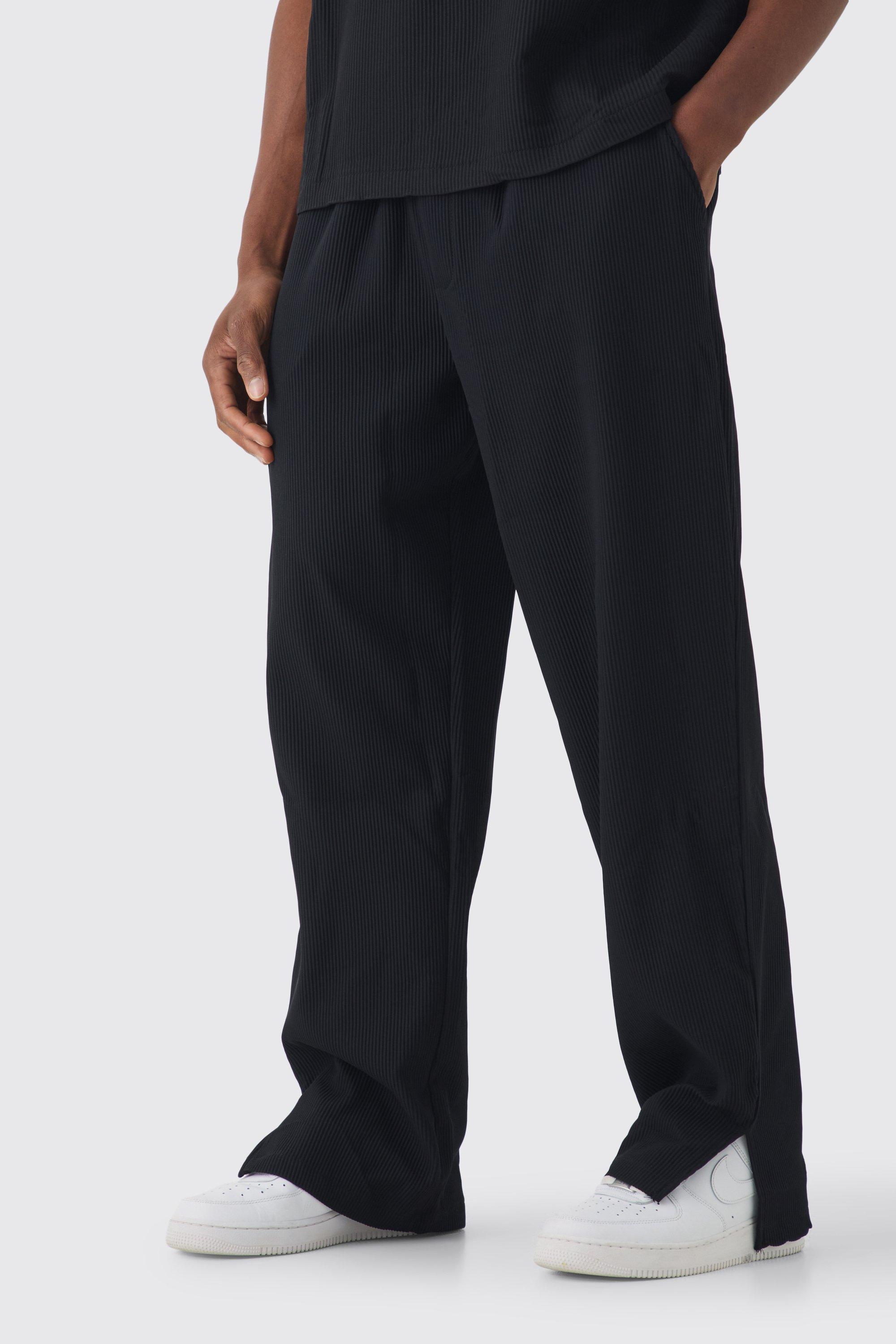 Elastic Waist Relaxed Fit Split Hem Pleated Pants | boohooMAN USA