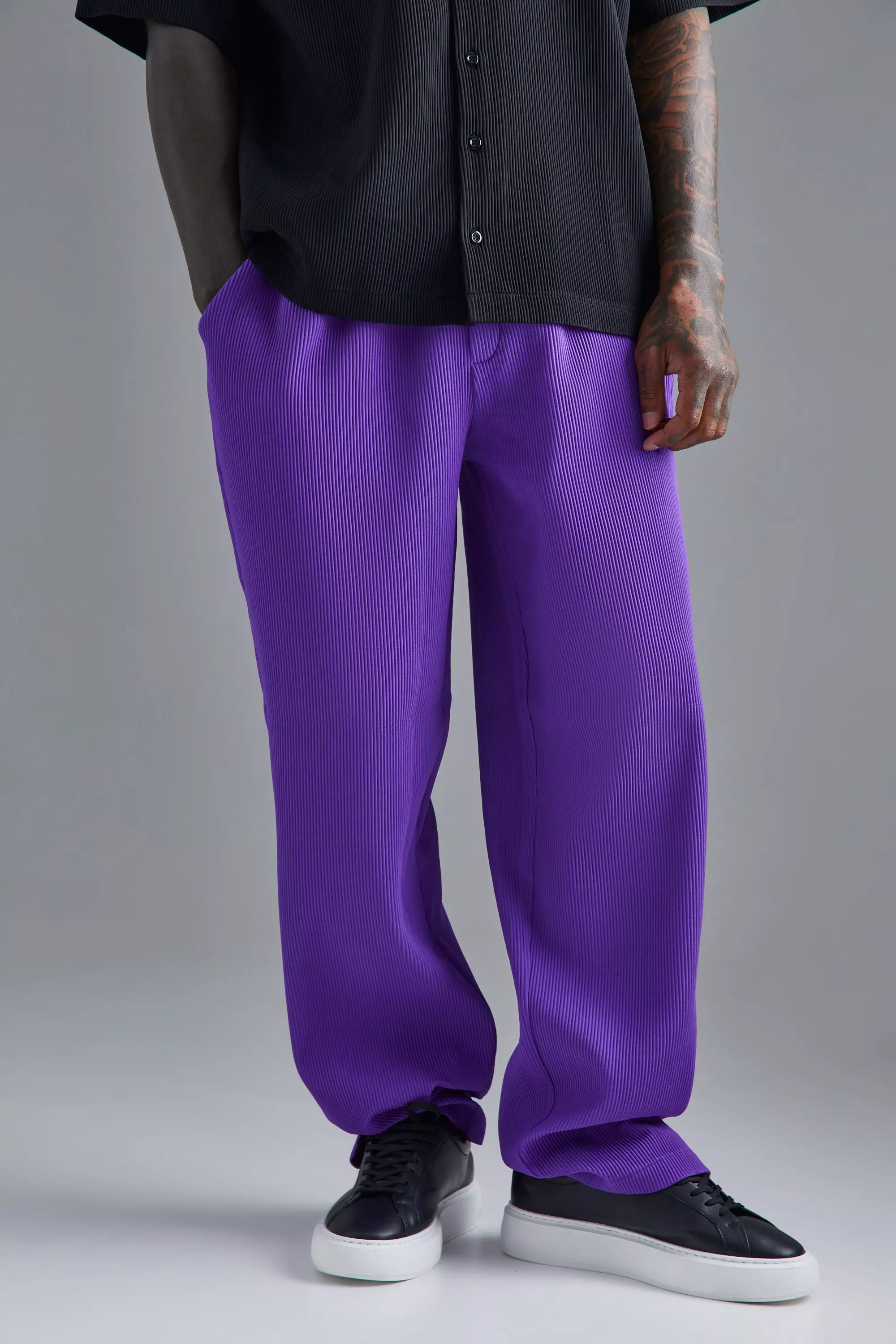 Purple Elastic Waist Relaxed Fit Pleated Pants