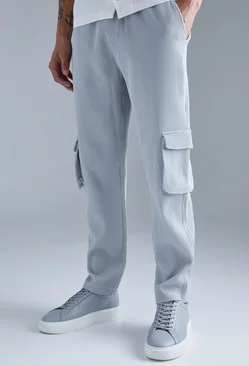 Elastic Waist Tapered Fit Cargo Pleated Pants Light grey