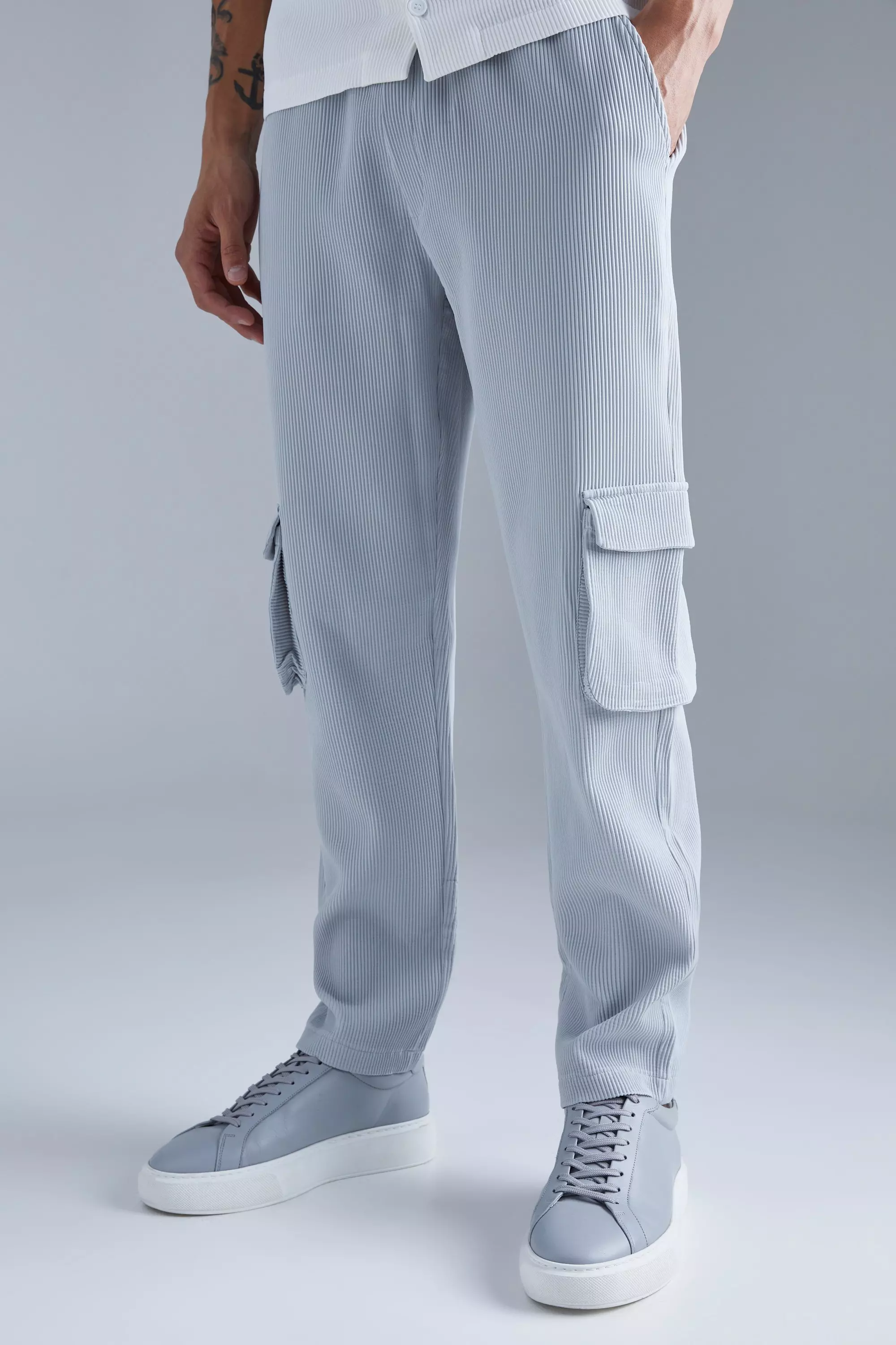 Grey Elastic Waist Tapered Fit Cargo Pleated Pants
