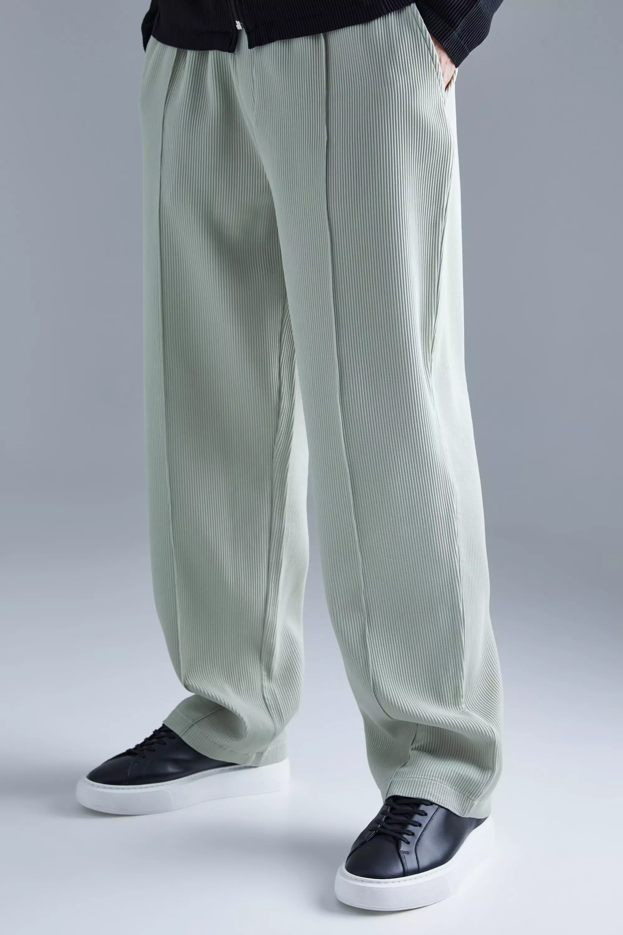 Sage Green Elastic Waist Relaxed Fit Pleated Pants