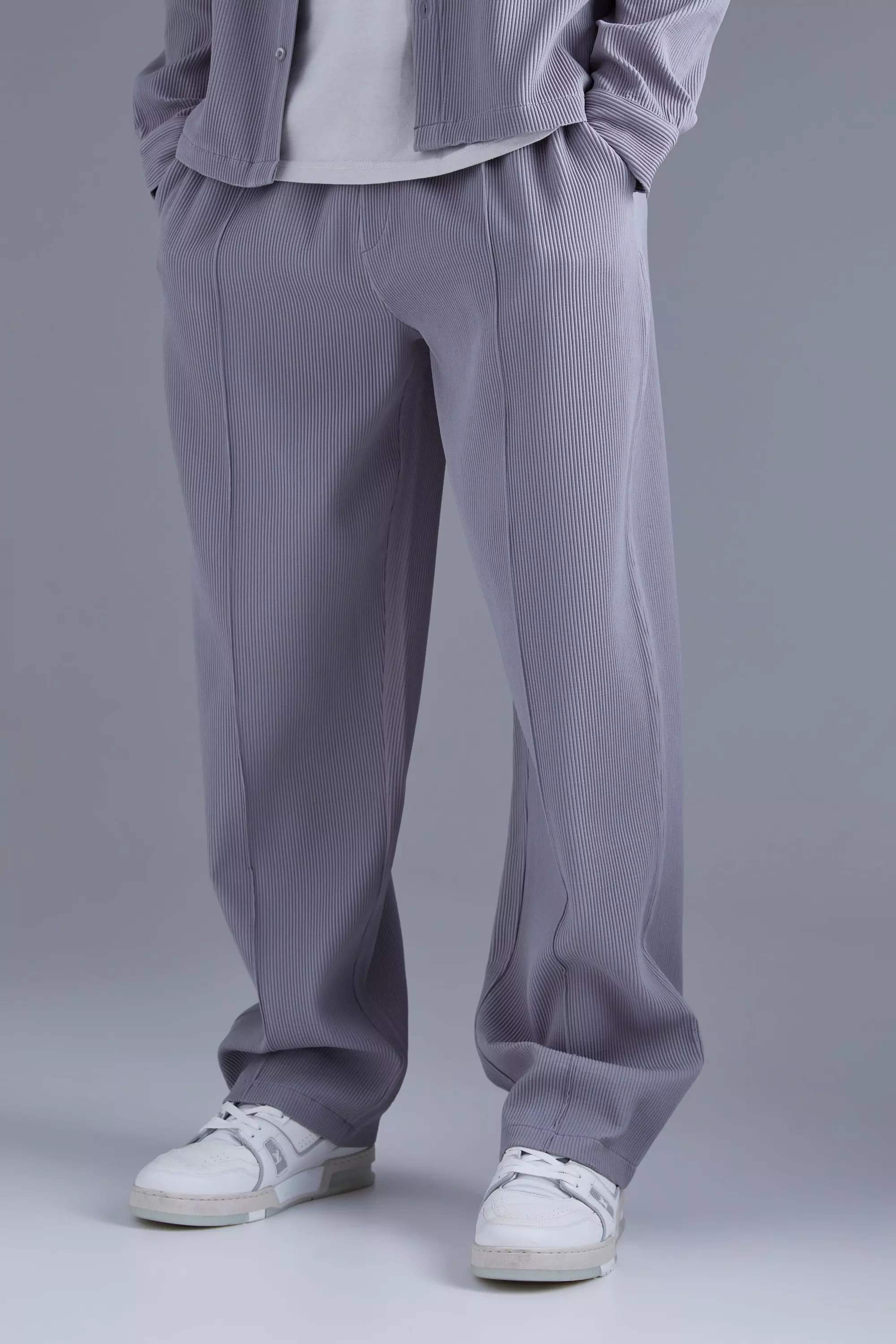 Charcoal Grey Elastic Waist Relaxed Fit Pleated Pants