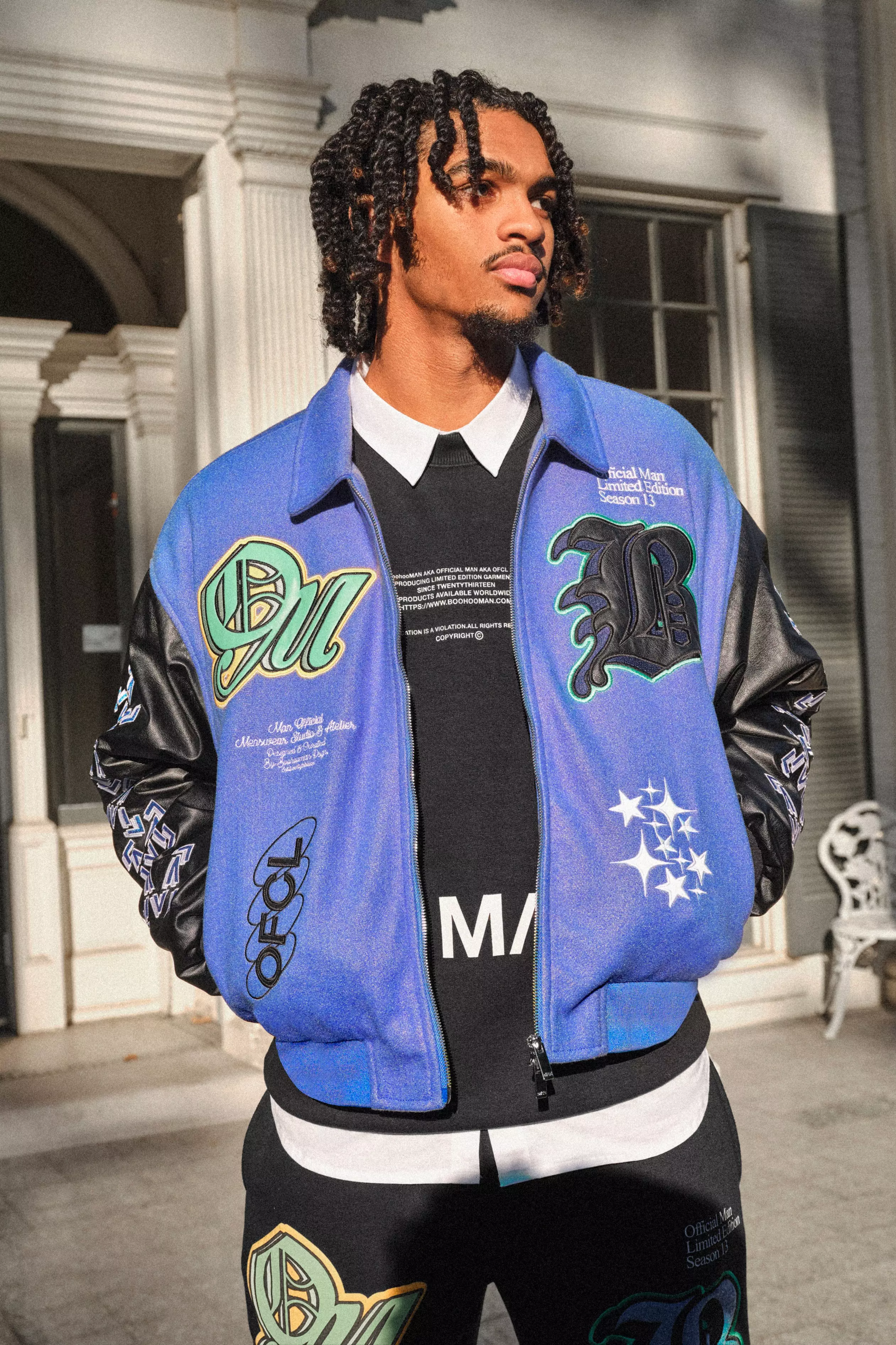 Purple Boxy Pu And Melton Collared Varsity Jacket alternative image