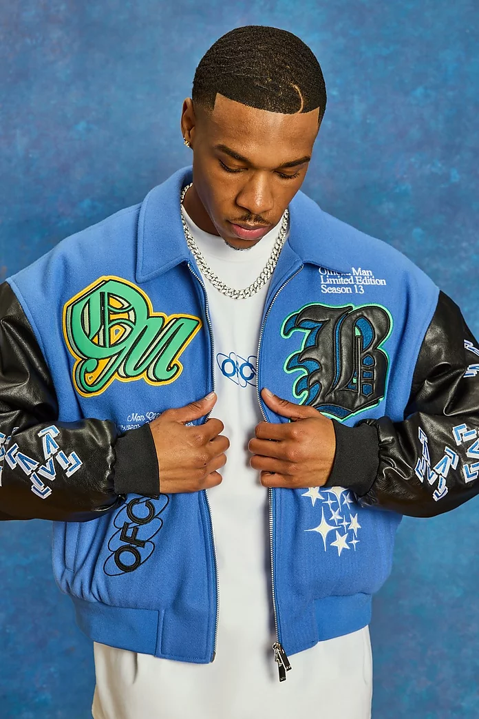 Boxy Pu And Melton Collared Varsity Jacket | boohooMAN USA Boxy Pu And Melton Collared Varsity Jacket | boohooMAN USA