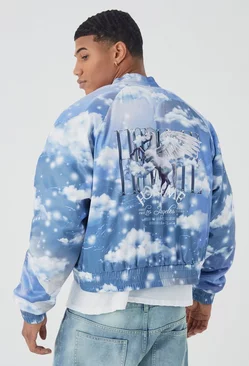 Boxy Cloud Print Satin Bomber With Embroidery Grey