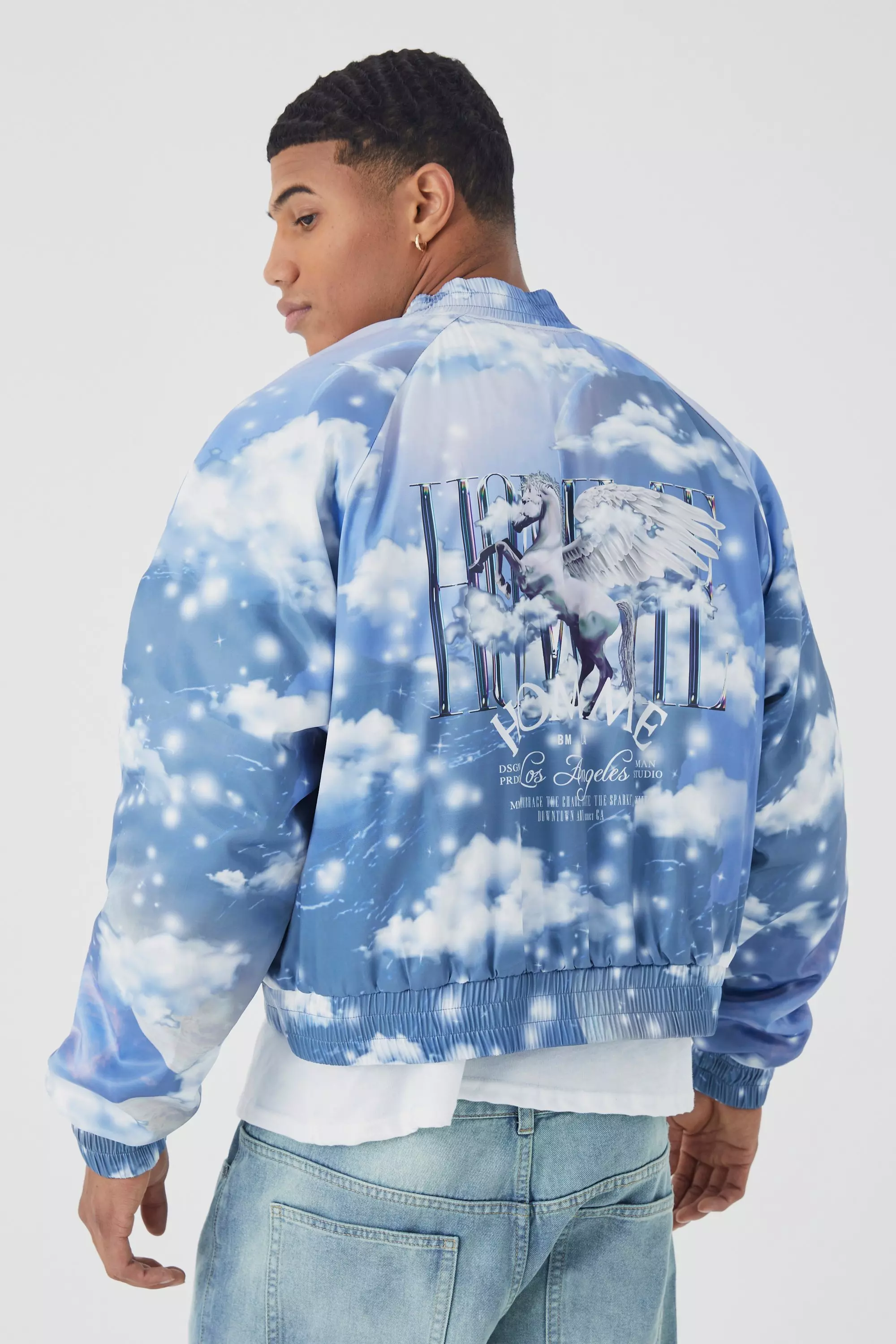 Grey Boxy Cloud Print Satin Bomber With Embroidery