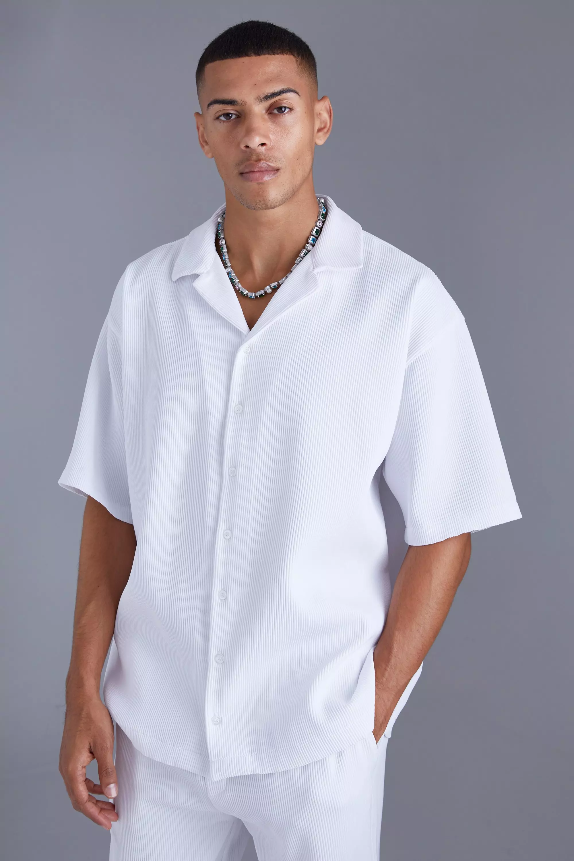 White Short Sleeve Revere Oversized Pleated Shirt