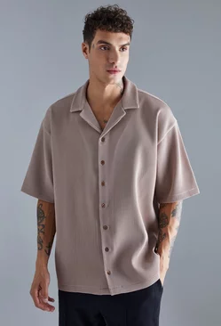 Short Sleeve Revere Oversized Pleated Shirt Mocha