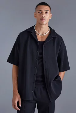 Short Sleeve Revere Oversized Pleated Shirt Black