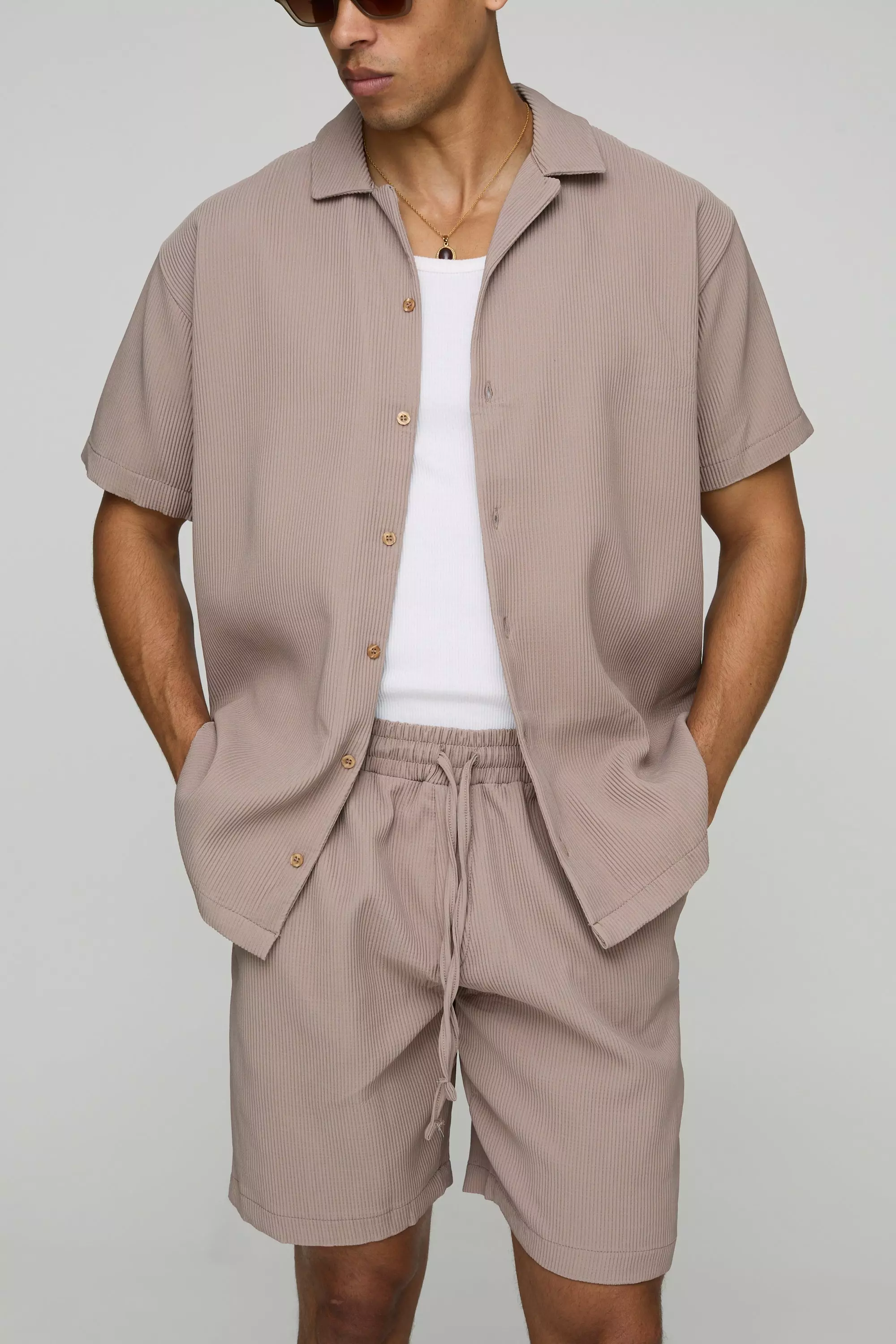 Short Sleeve Oversized Pleated Shirt & Short Set Mocha