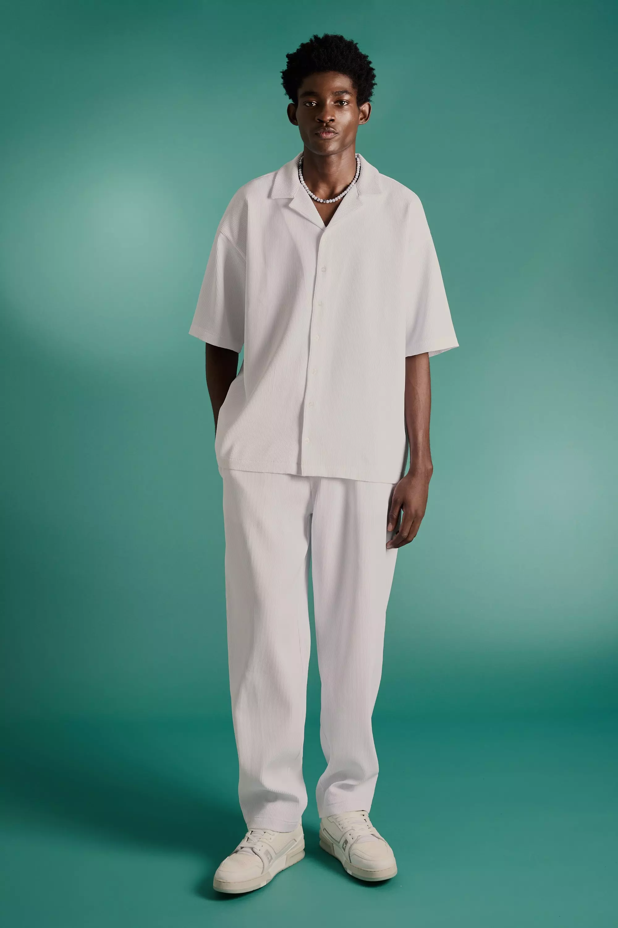 Oversized Short Sleeve Pleated Shirt & Straight Pants White