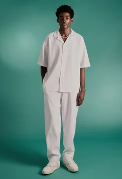 White Oversized Short Sleeve Pleated Shirt & Straight Pants