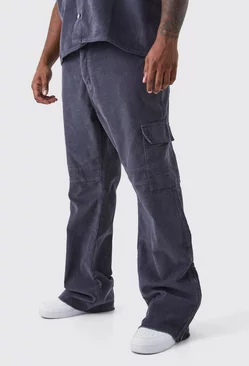 Charcoal Grey Plus Fixed Waist Slim Flare Zip Gusset Cord Cargo Pants