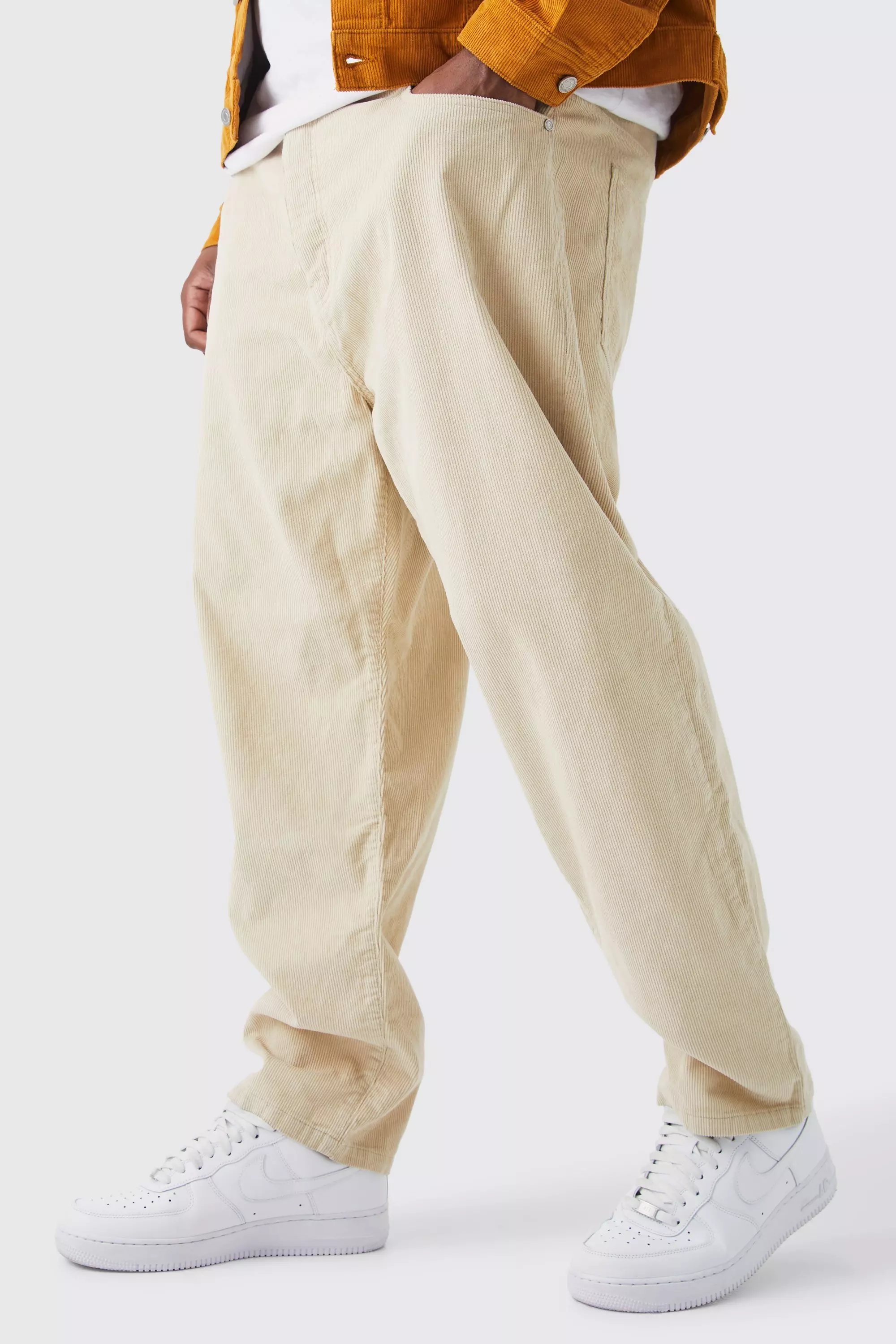 Stone Beige Plus Fixed Waist Tapered Cord Pants