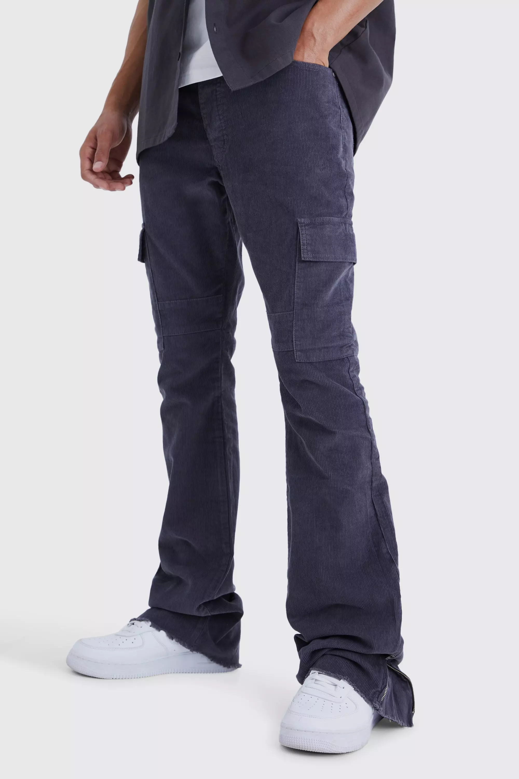 Charcoal Grey Tall Fixed Waist Slim Flare Zip Gusset Cord Cargo Pants