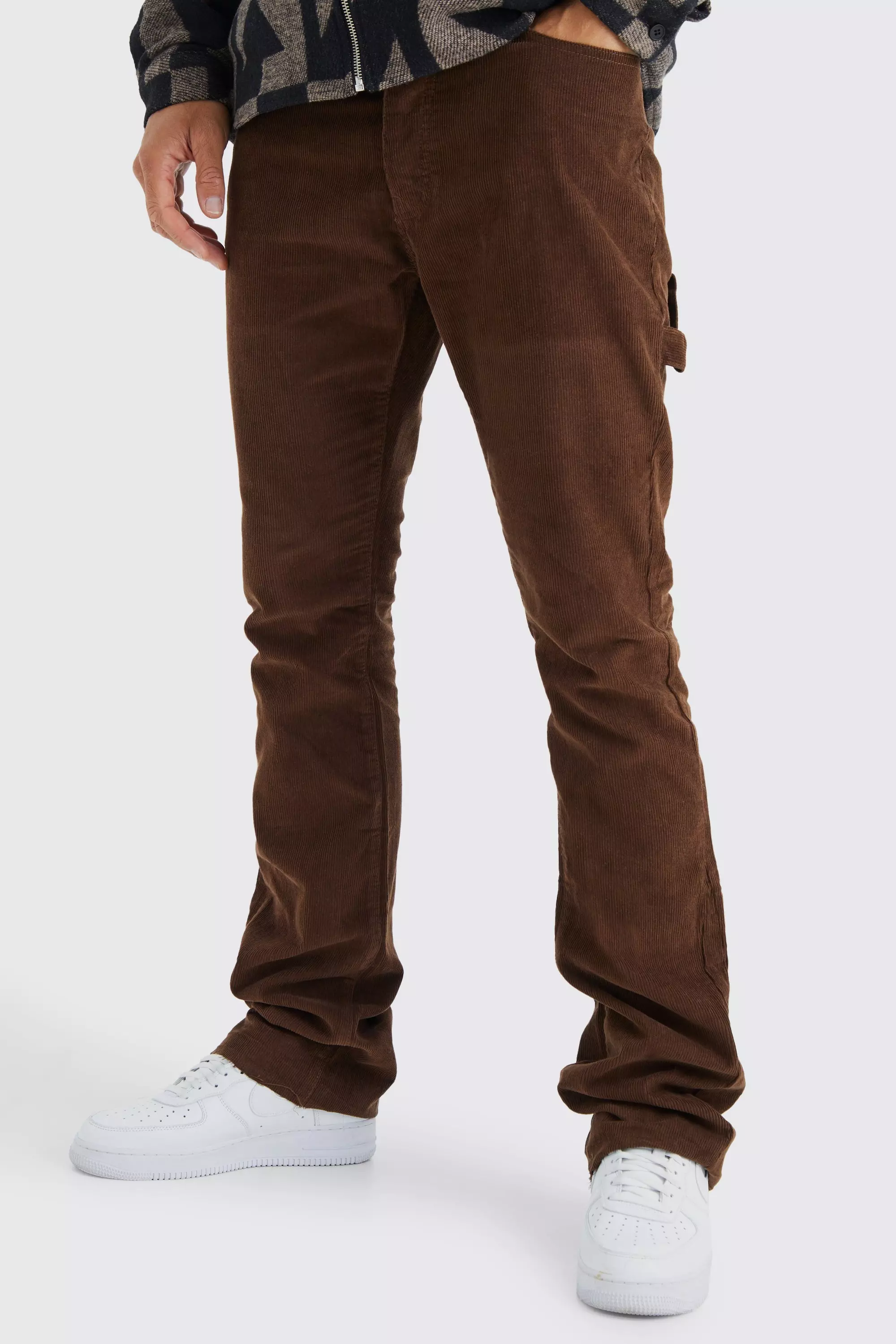 Chocolate Brown Tall Fixed Waist Slim Flare Carpenter Detail Cord Trouser