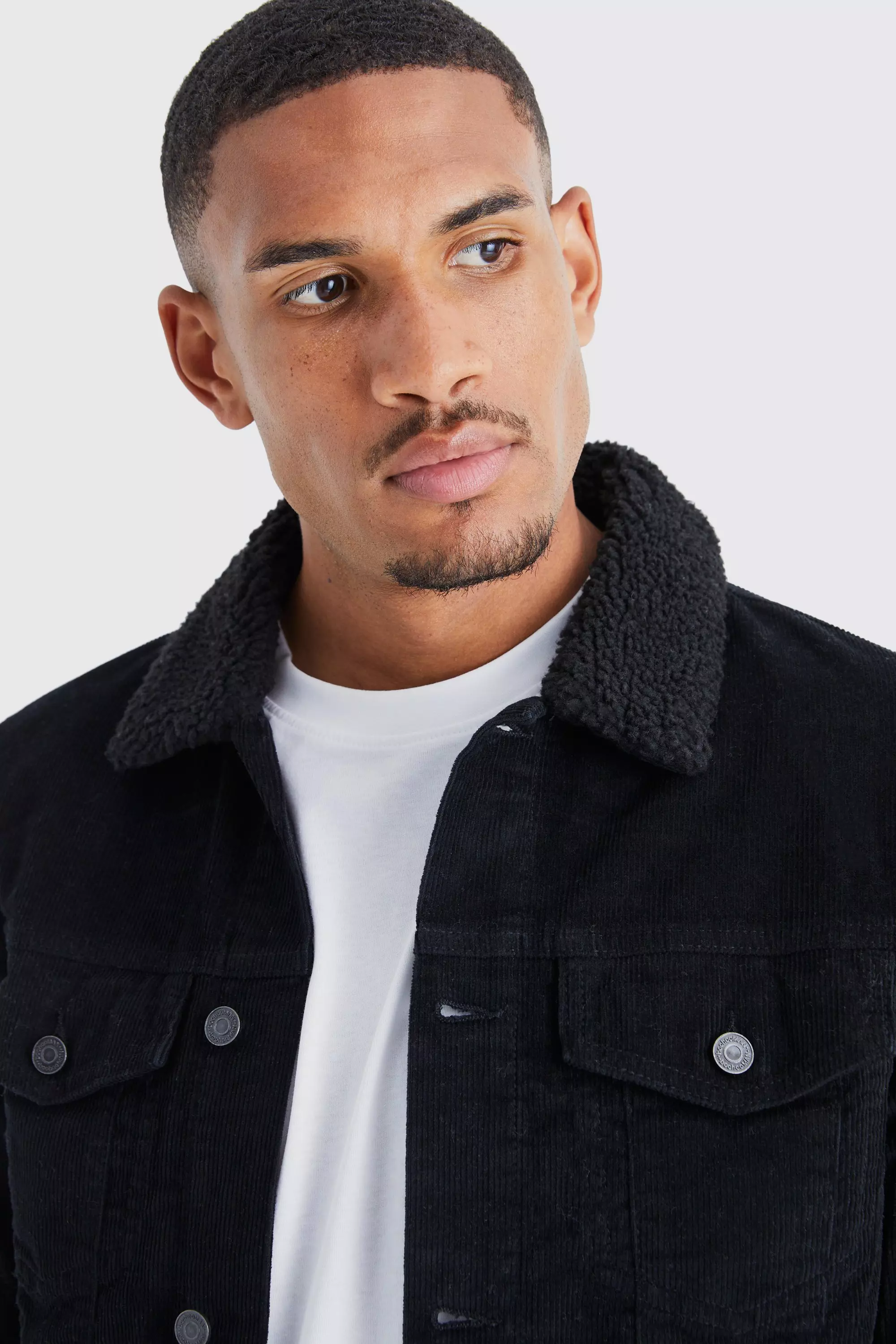 Tall Regular Fit Cord Jacket With Borg Collar boohooMAN UK