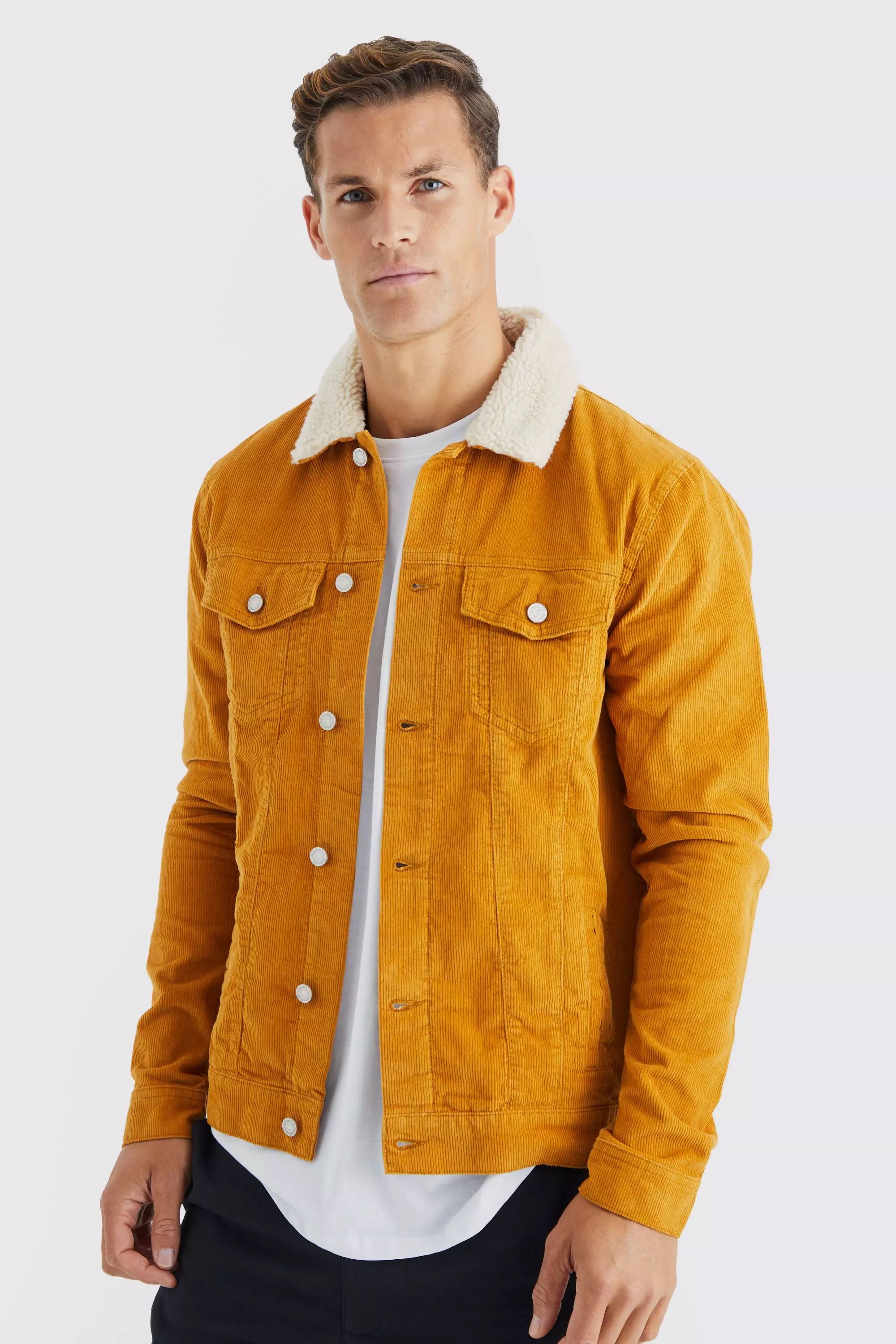 Tall Regular Fit Cord Jacket With Borg Collar Tan