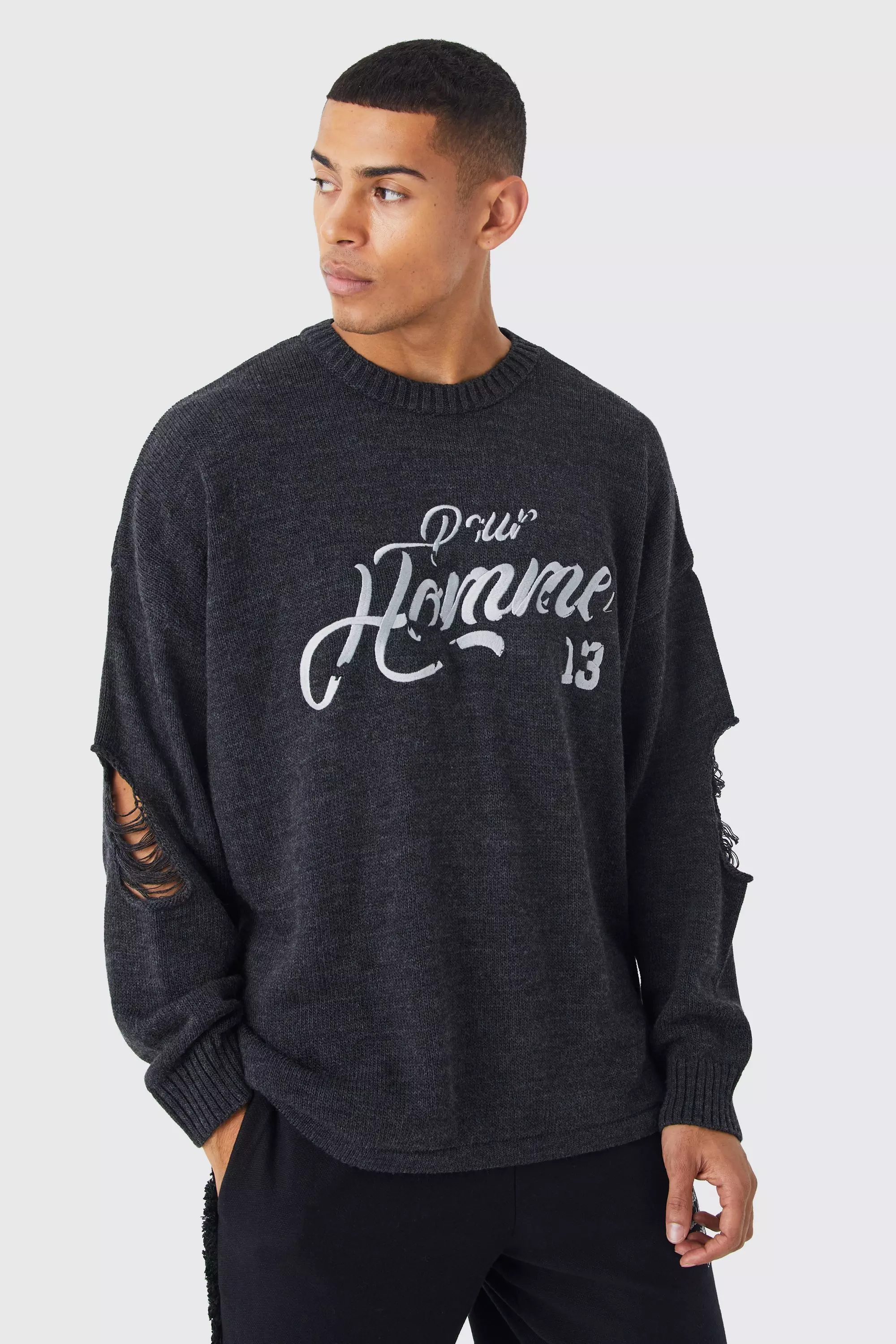Black Oversized Homme Applique Distressed Sweater