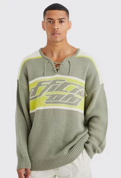 Oversized Knitted Hockey Top With Tie Detail Green