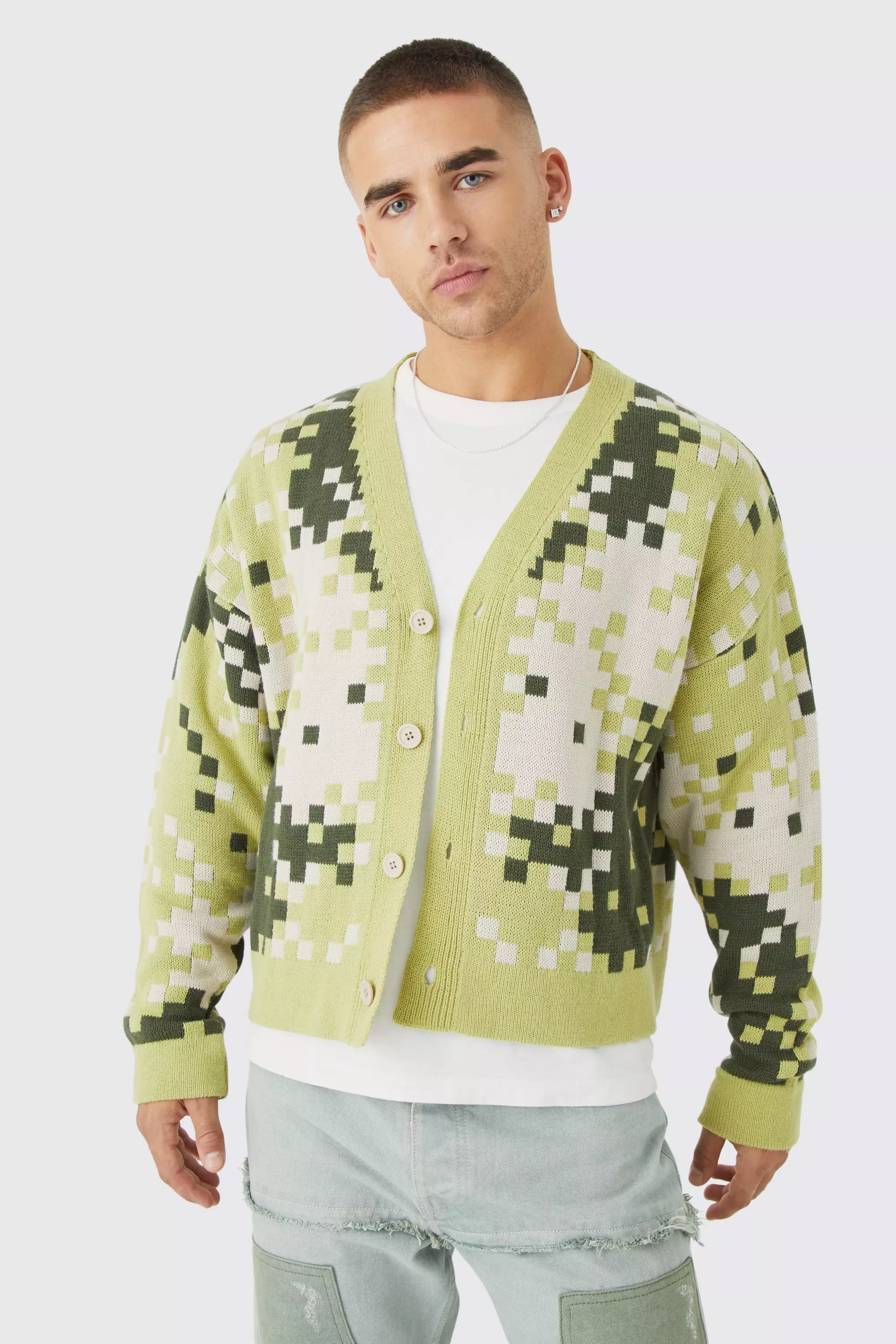 Boxy Pixalated Cardigan boohooMAN