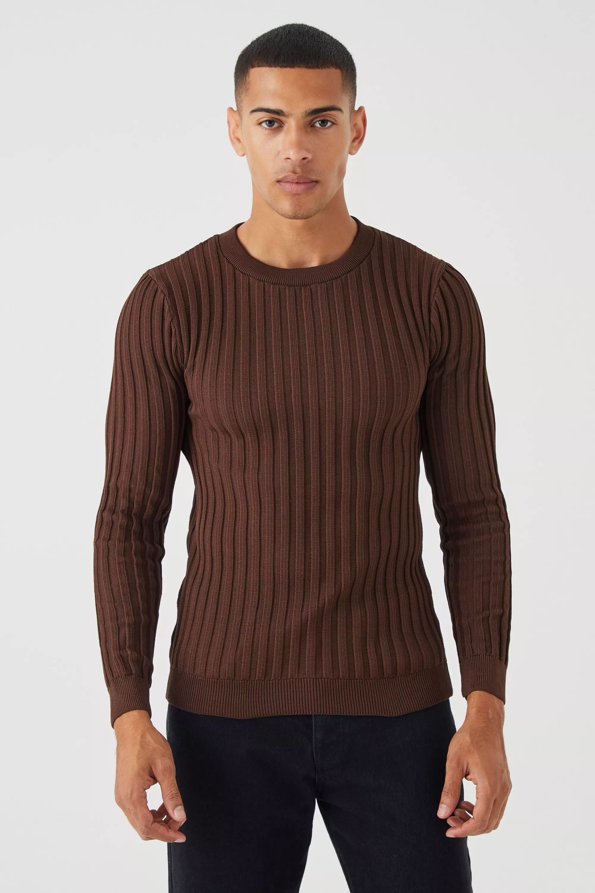 Brown Muscle Fit Ribbed Long Sleeve Sweater