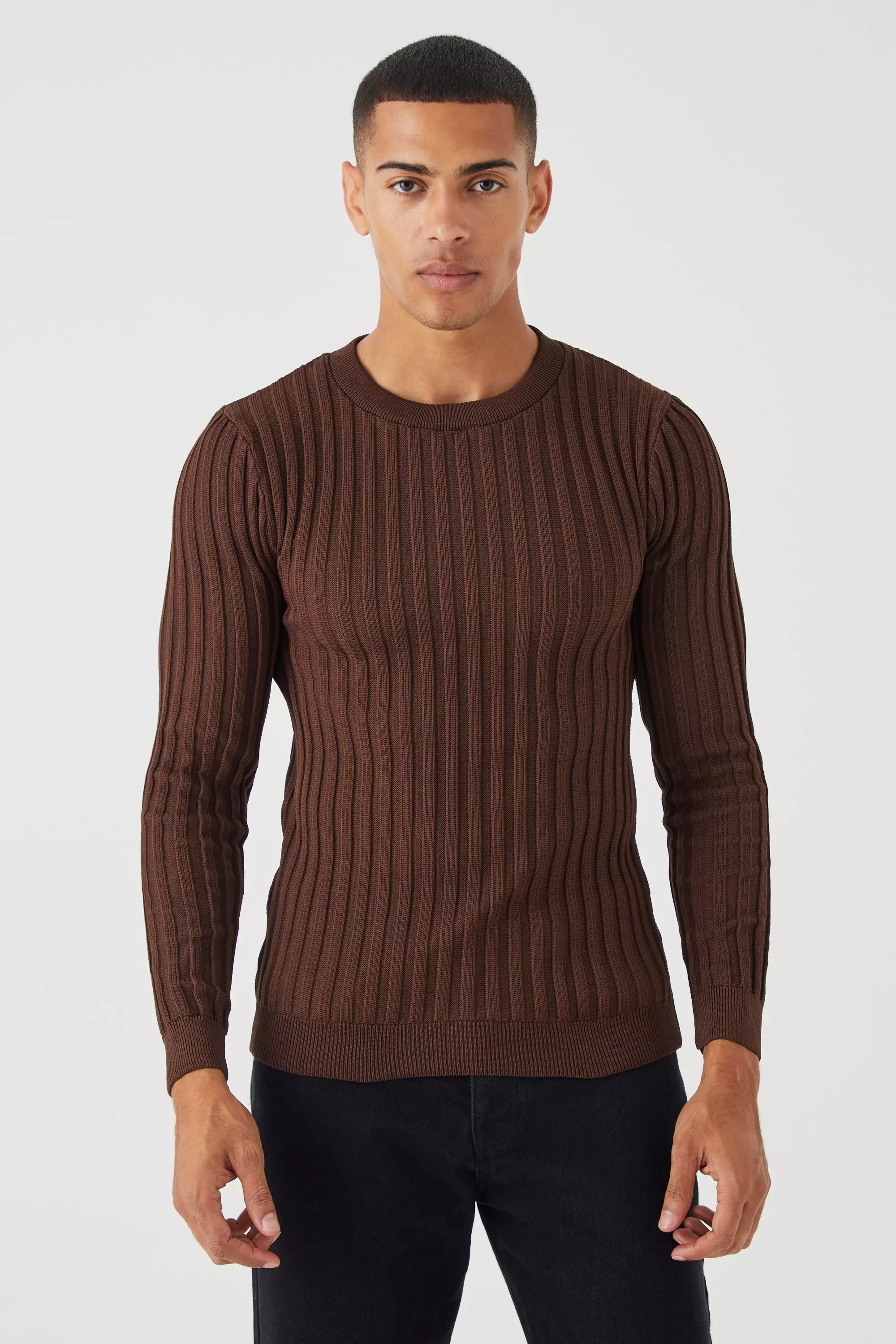 Muscle Fit Ribbed Long Sleeve Sweater Brown