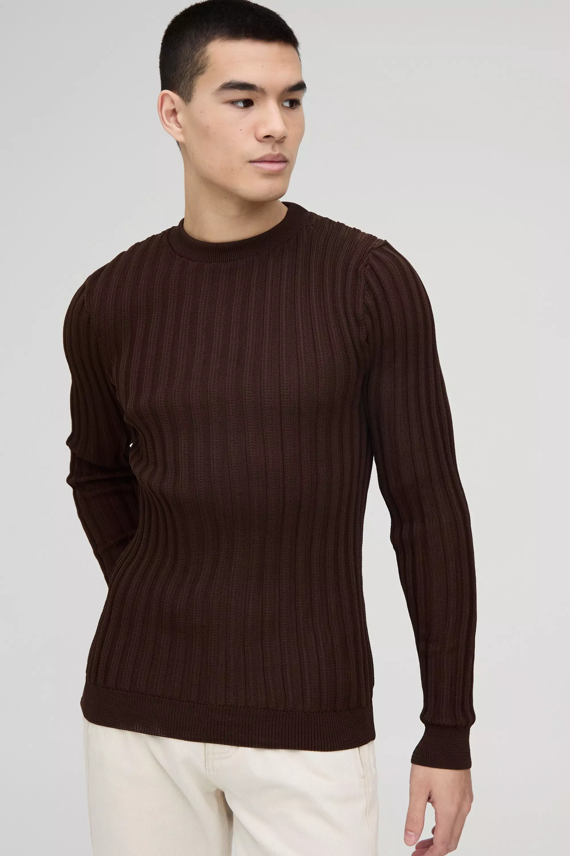 Muscle Fit Ribbed Long Sleeve Sweater Brown