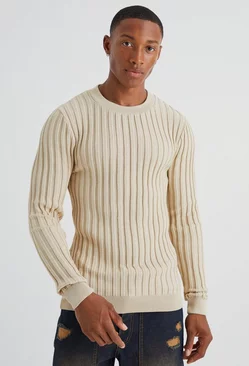 Muscle Fit Ribbed Long Sleeve Sweater Stone