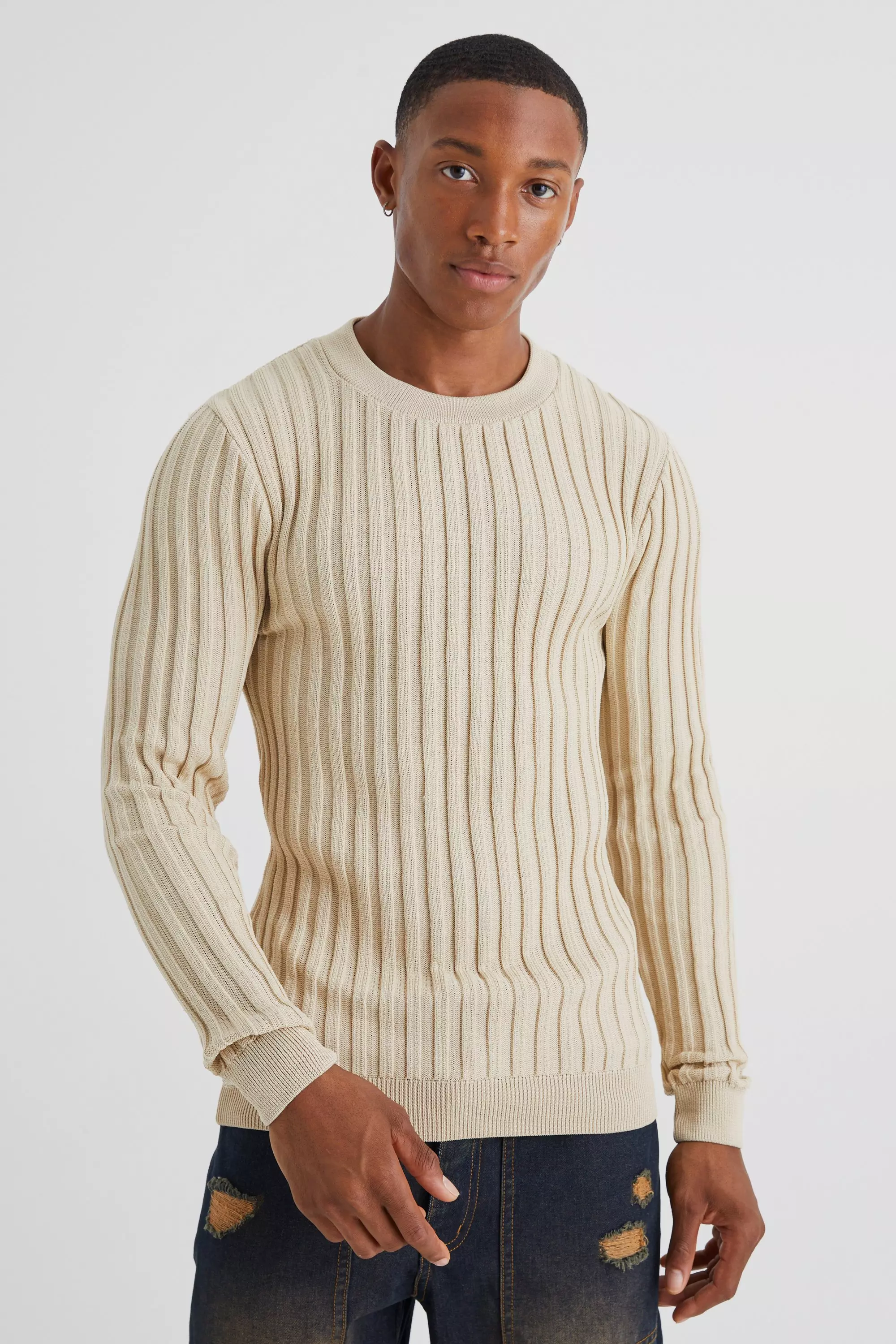 Muscle Fit Ribbed Long Sleeve Sweater Stone