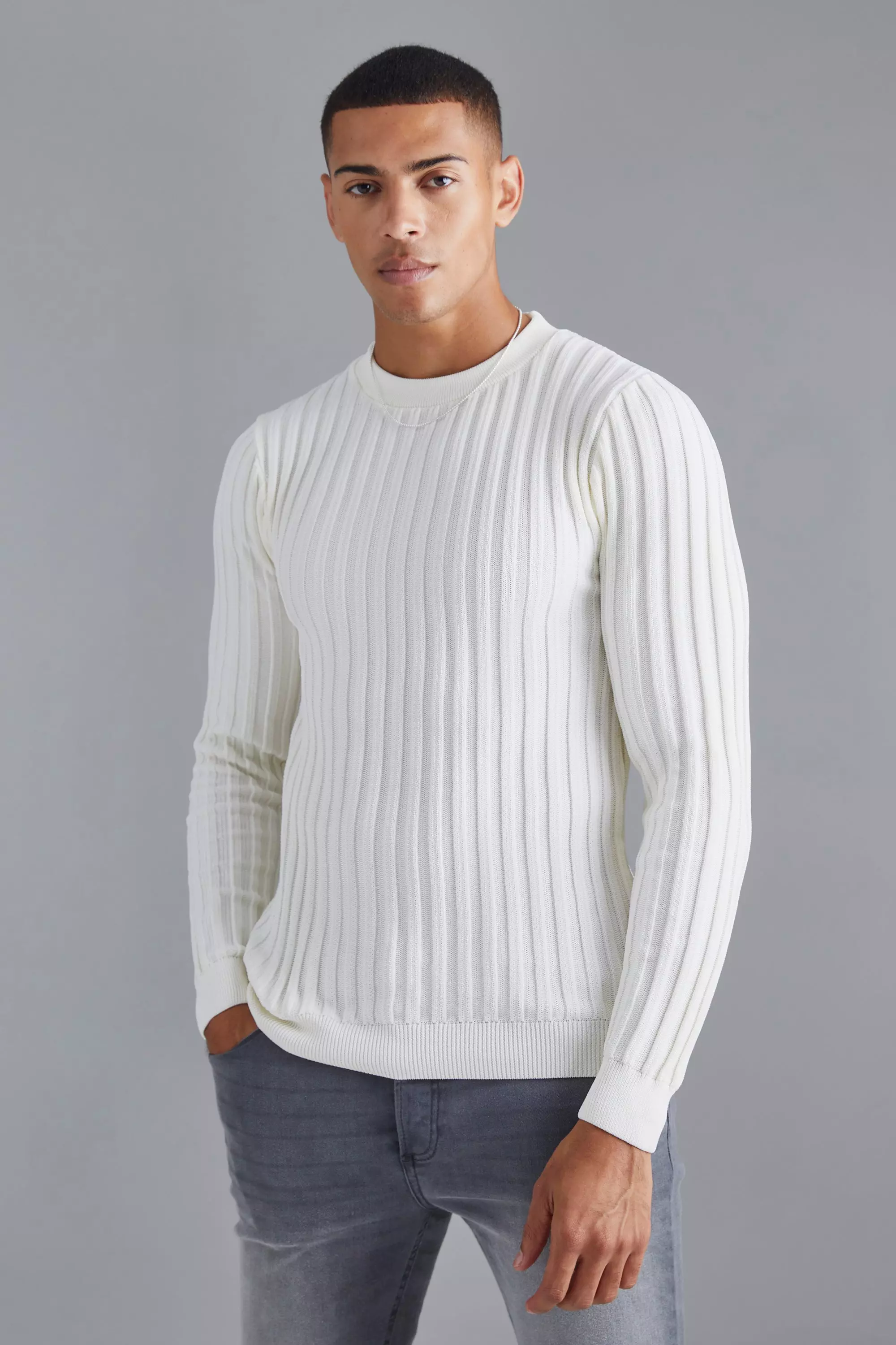 Muscle Fit Ribbed Long Sleeve Sweater Ecru