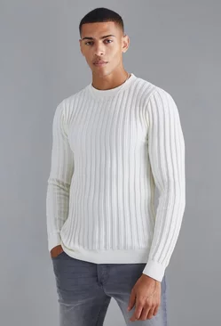 Muscle Fit Ribbed Long Sleeve Sweater Ecru