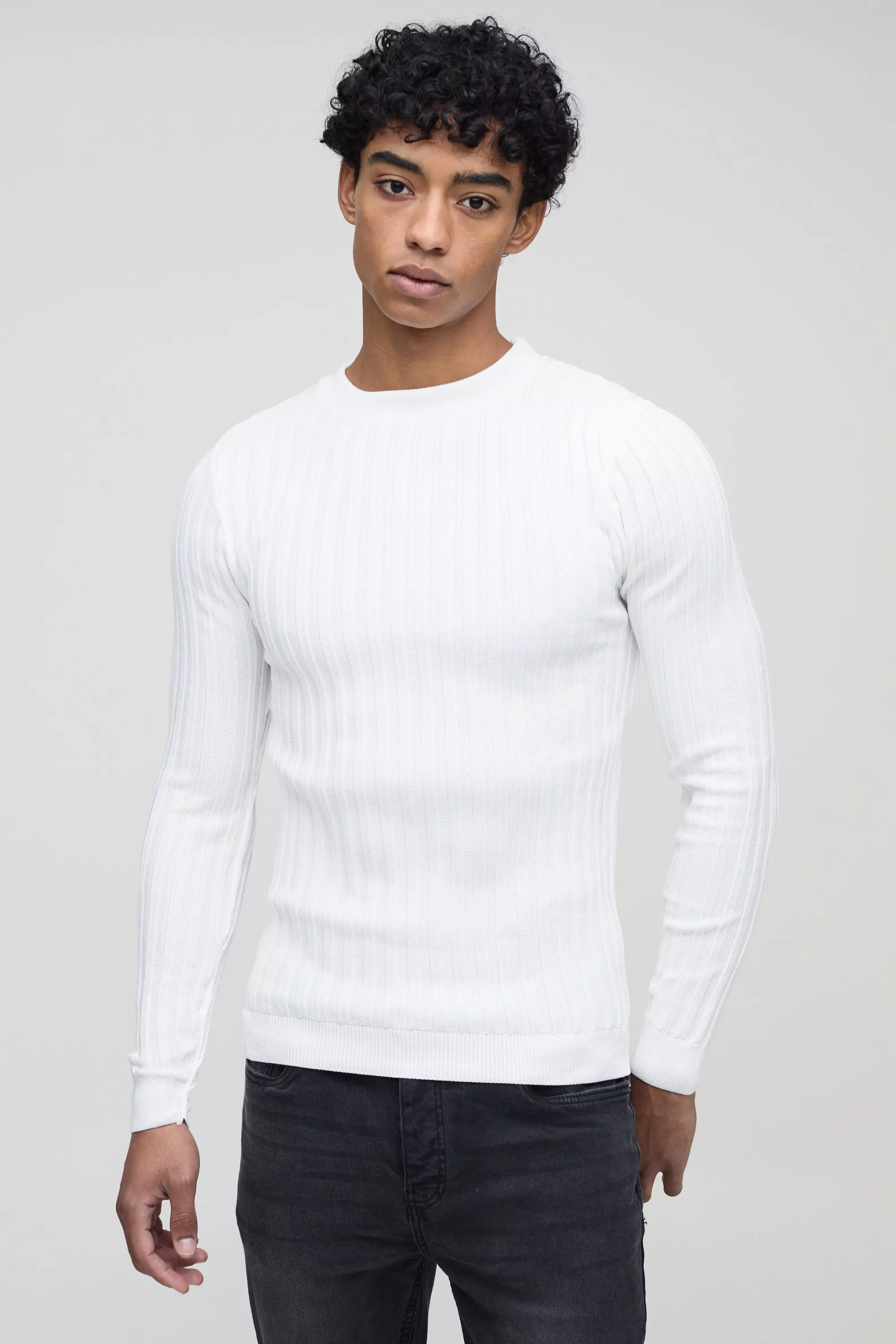 Muscle Fit Ribbed Long Sleeve Sweater Ecru