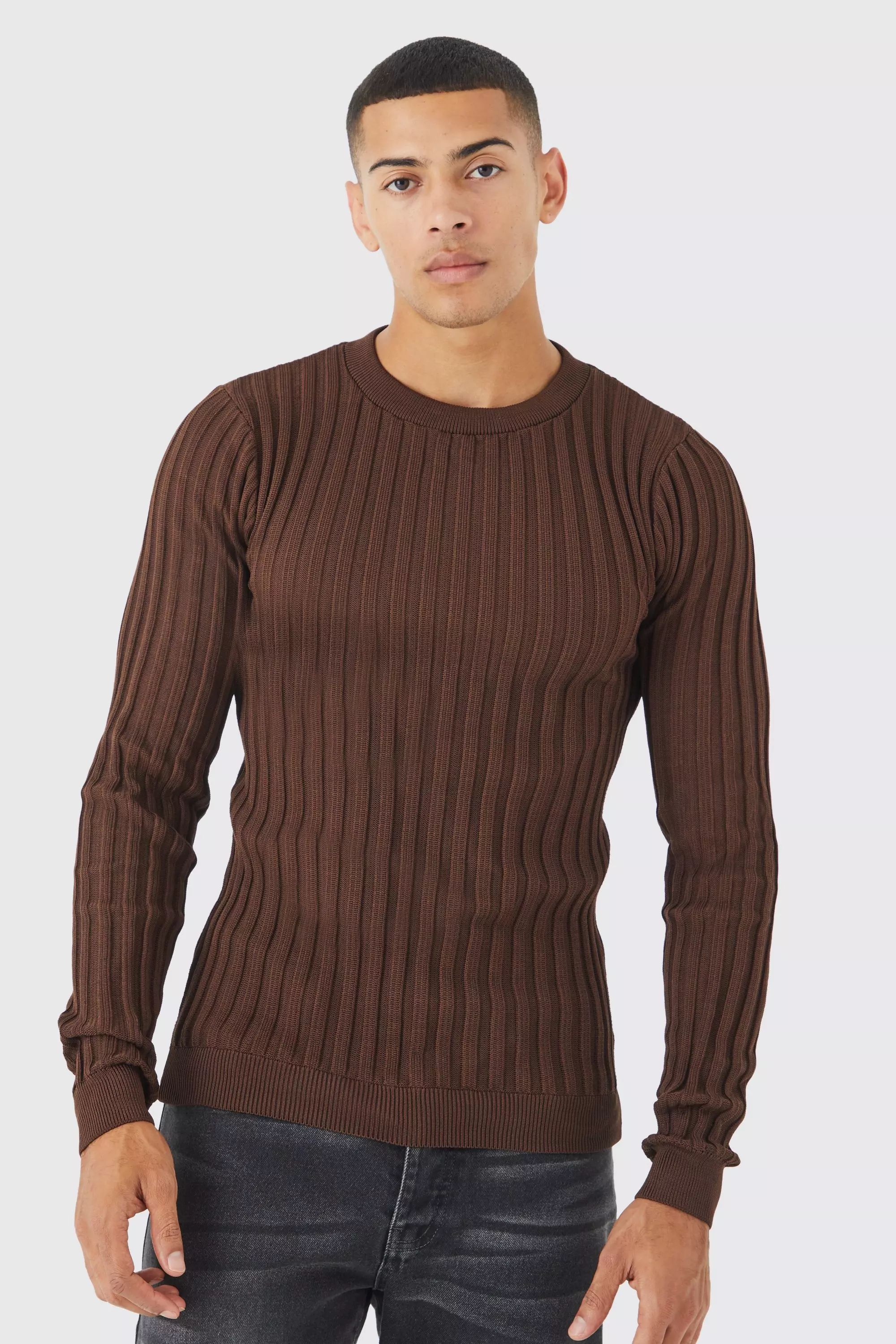 Tall Muscle Fit Ribbed Long Sleeve Sweater | boohooMAN USA
