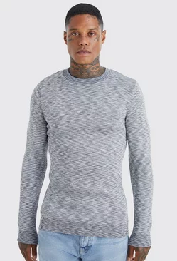 Grey Tall Muscle Fit Space Dye Long Sleeve Sweater