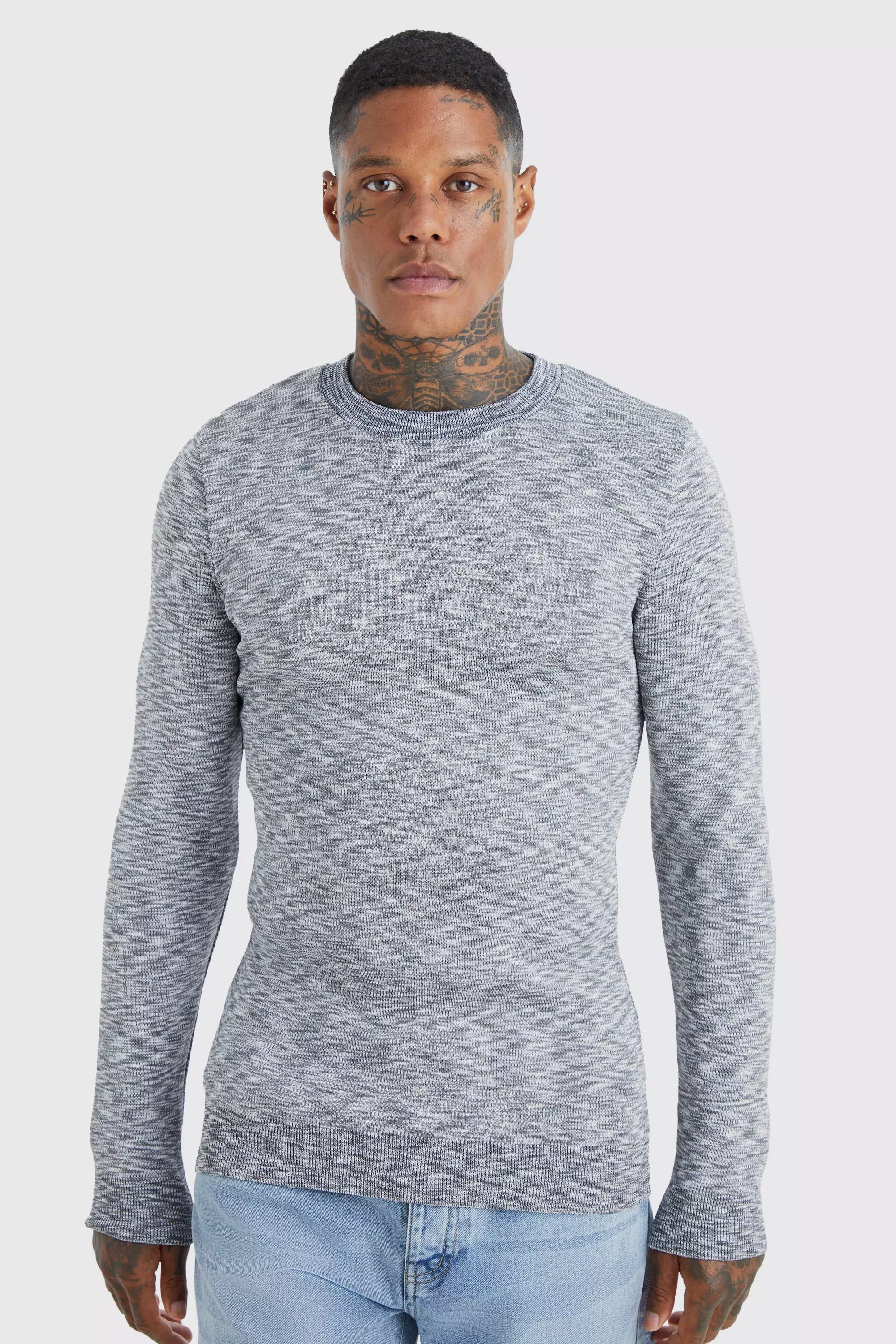 Tall Muscle Fit Space Dye Long Sleeve Sweater Grey