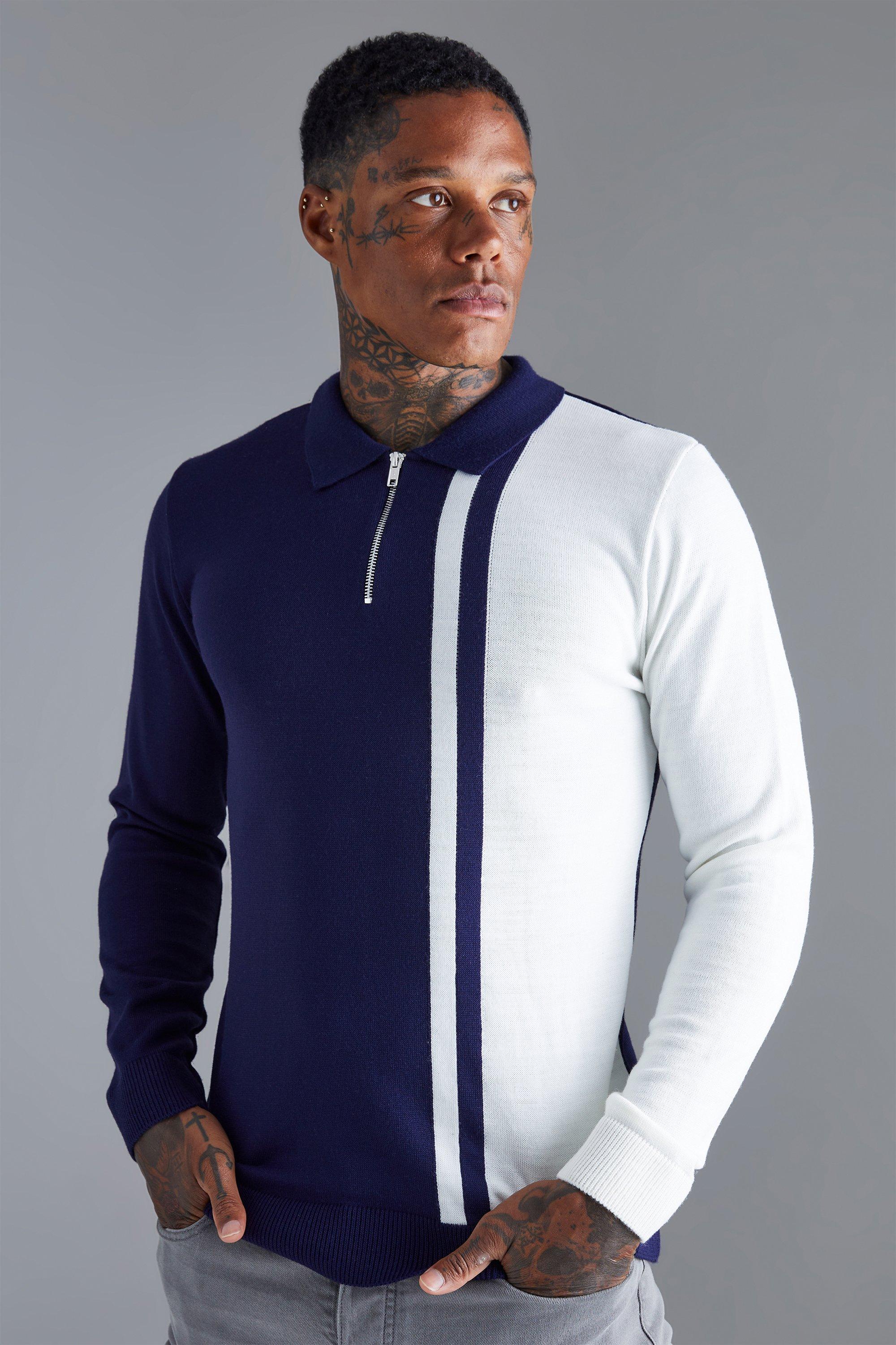 boohooMAN Long Sleeve Muscle Fit Colour Block Knit Polo