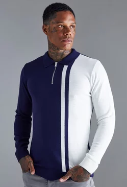 Long Sleeve Muscle Fit Colour Block Knit Polo Navy