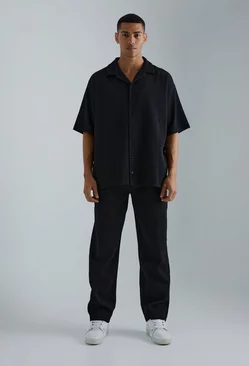 Oversized Short Sleeve Pleated Shirt & Straight Pants Black