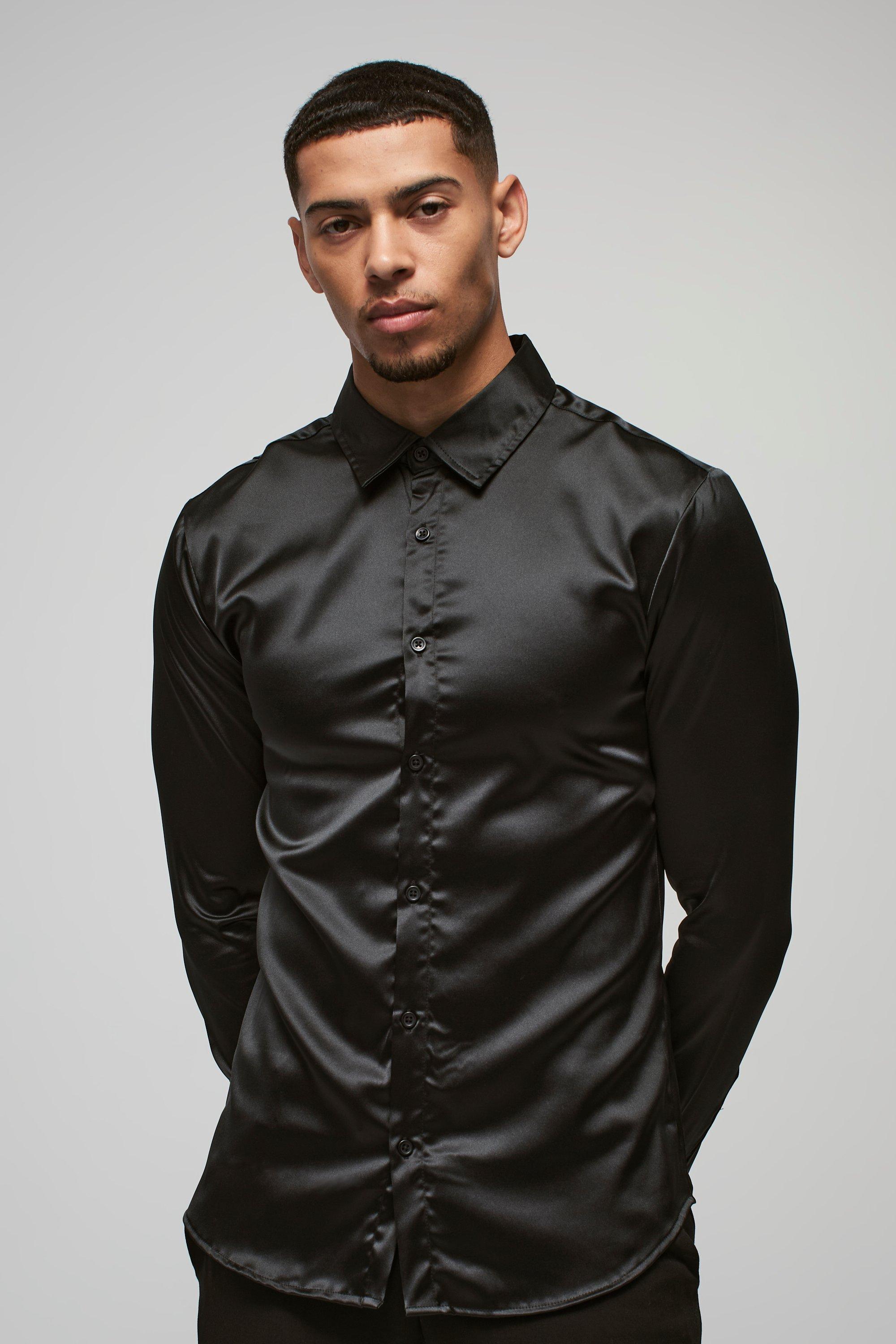 Men s Black Satin Shirts Black Silk Shirts boohooMAN USA