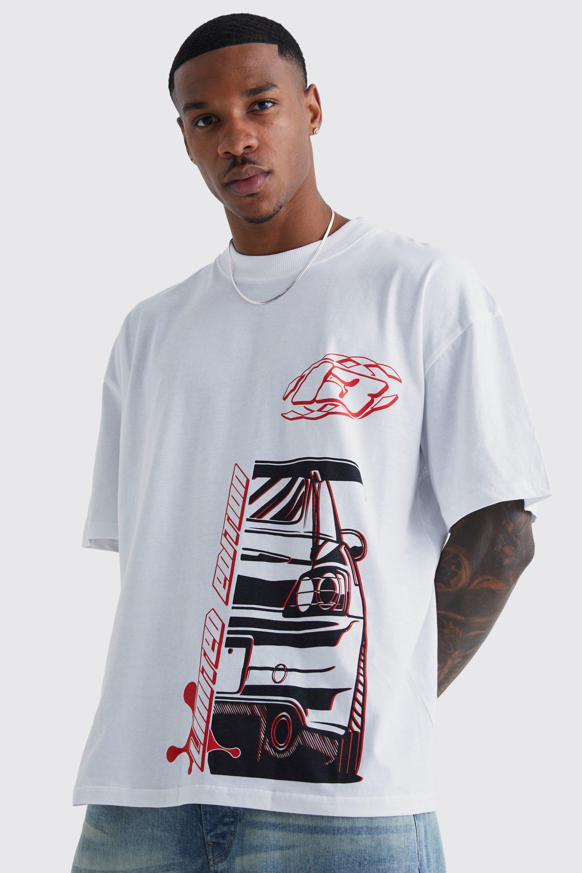 boohooMAN Oversized Extended Neck Car Graphic T-Shirt - Beige - Size M