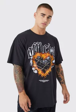 Oversized Official Flame Hearts Print T-shirt Black