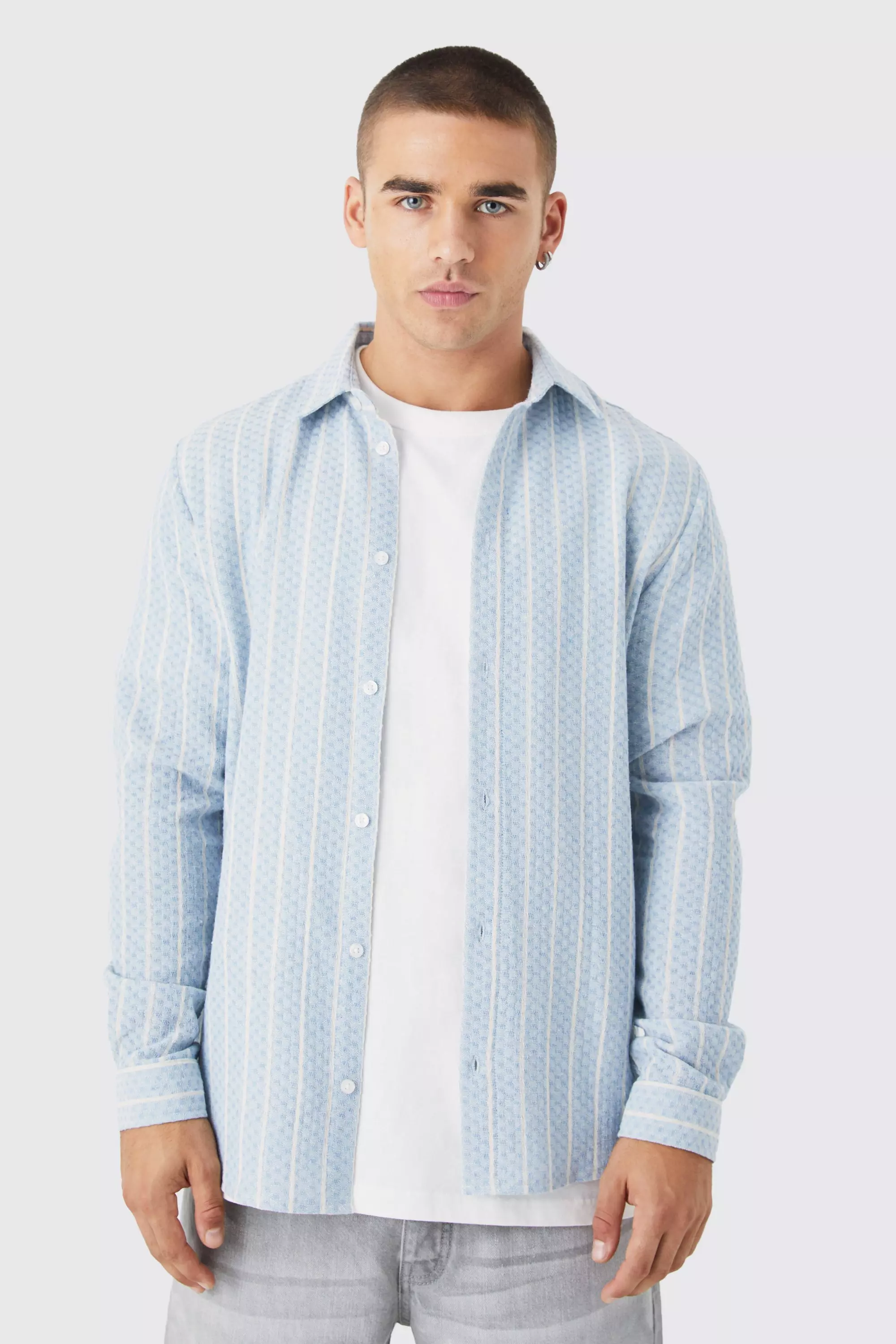 Long Sleeve Textured Stripe Shirt Light blue
