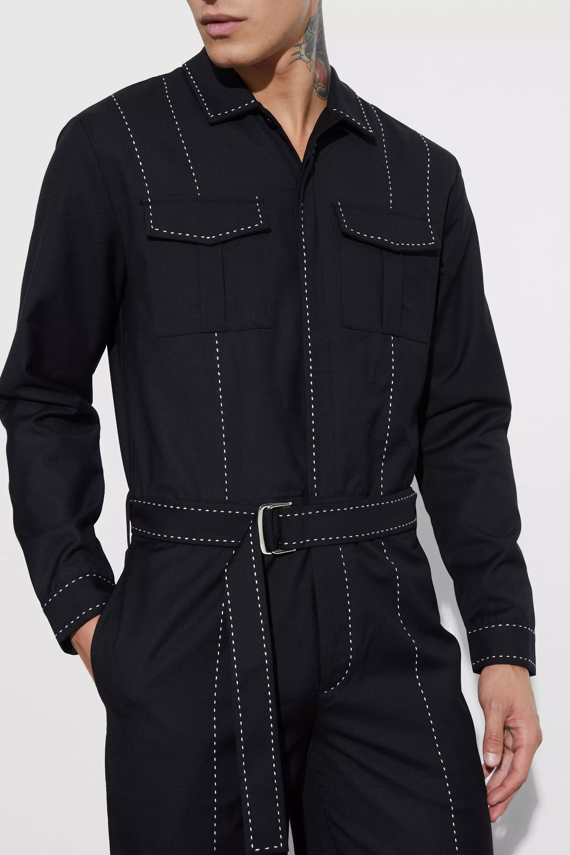 Topstitch Slim Fit Tailored Jumpsuit boohooMAN USA