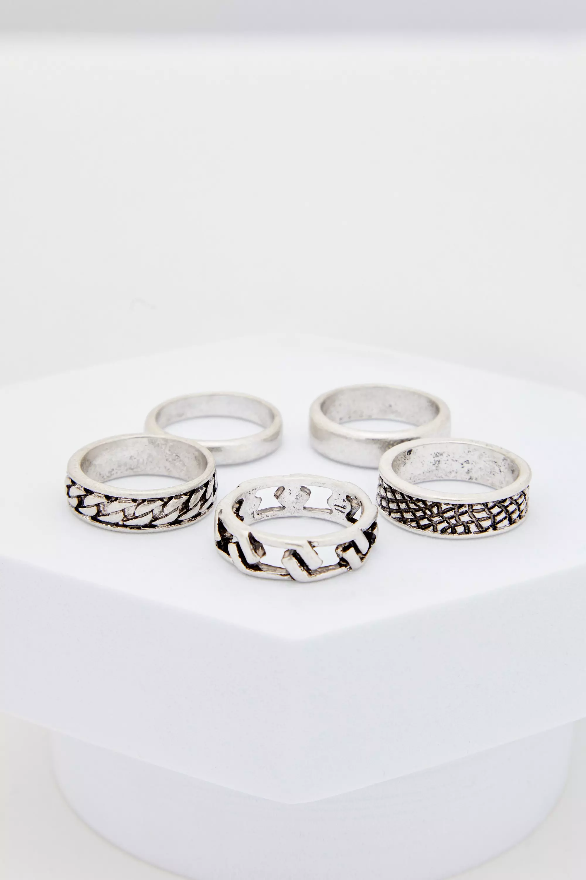 5 Pack Embossed Rings Silver