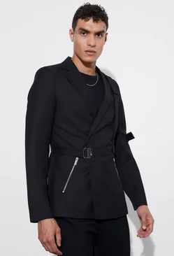 Black Skinny Fit Suit Blazer With Strap Detail
