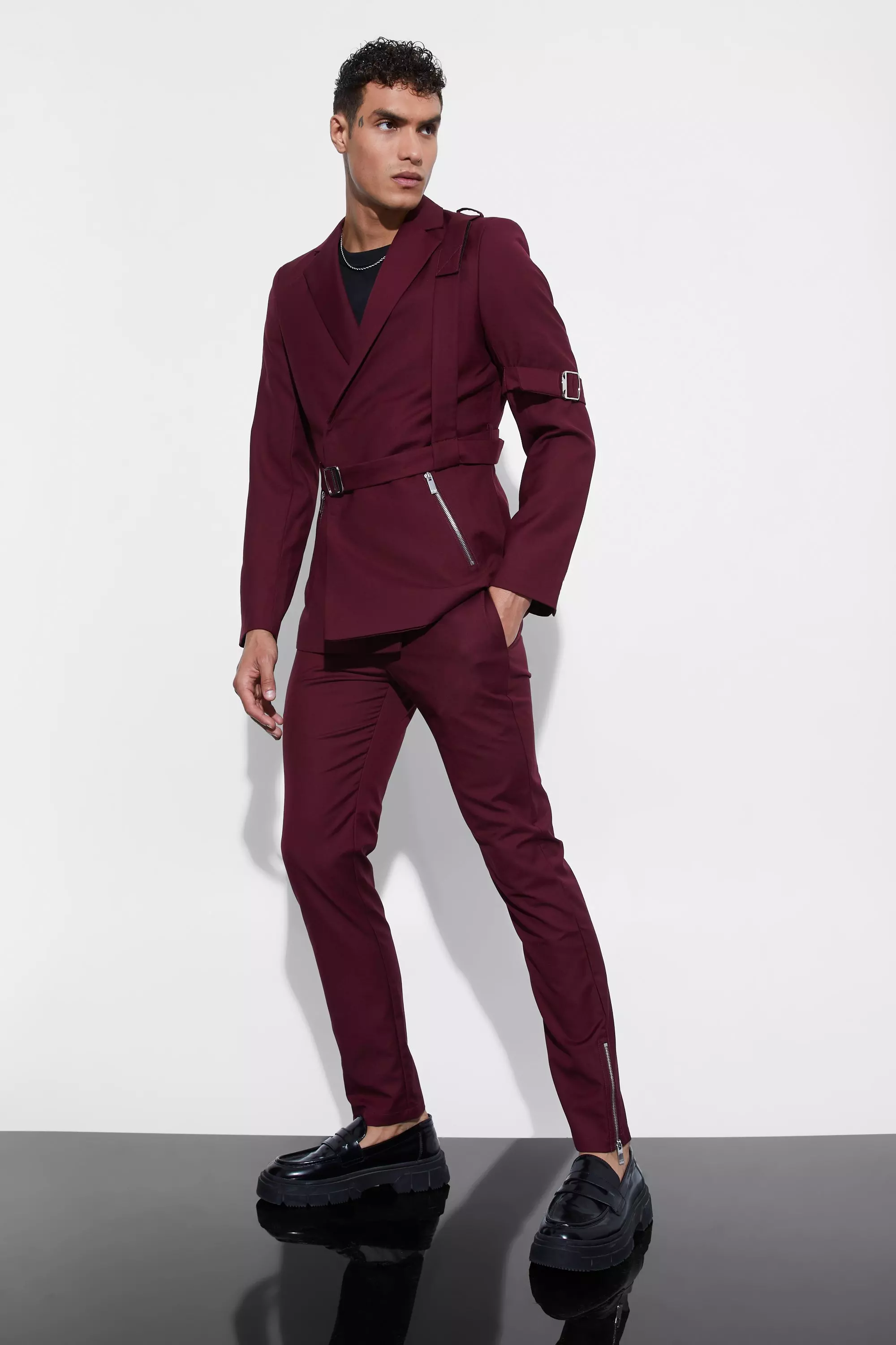 Wine Skinny Fit Suit Blazer With Strap Detail alternative image