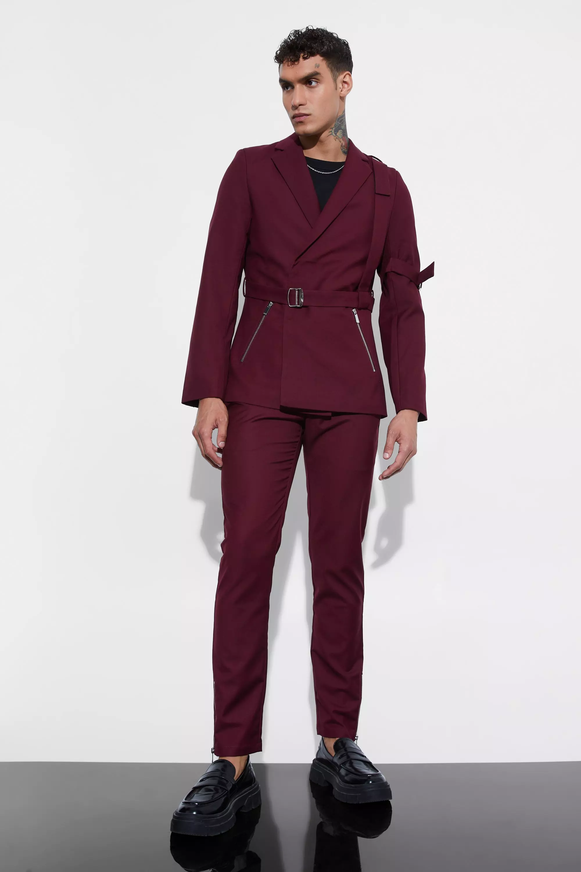 Wine Skinny Fit Suit Blazer With Strap Detail alternative image