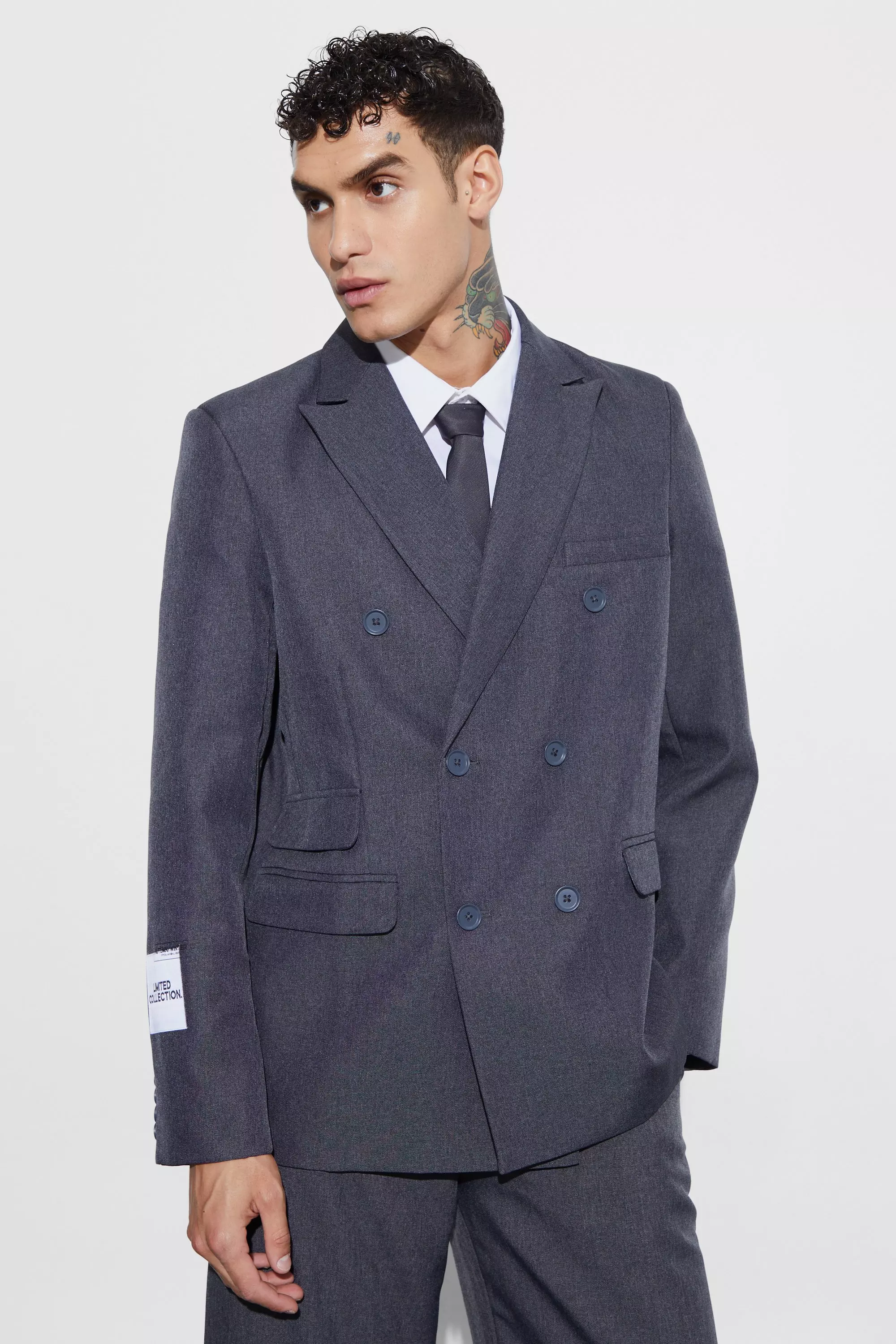 Grey Oversized Double Breasted Textured Blazer alternative image