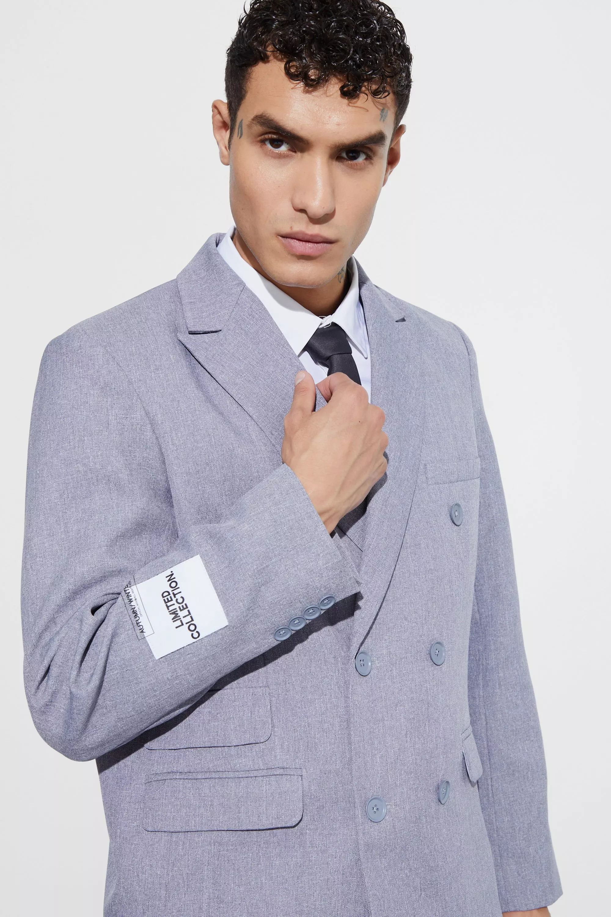 Blue Oversized Double Breasted Textured Blazer alternative image